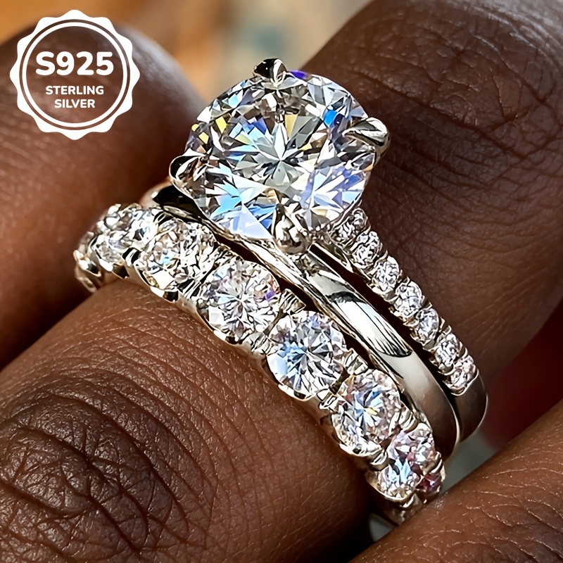Image of 3pcss Set S925 925 Silver Luxurious 3pcss Set Synthetic Synthetic Zircon​ Ring, Proposal Engagement, Unisex, High-quality Jewelry, Suitable For Daily Casual Wear And High-end Banquet Parties