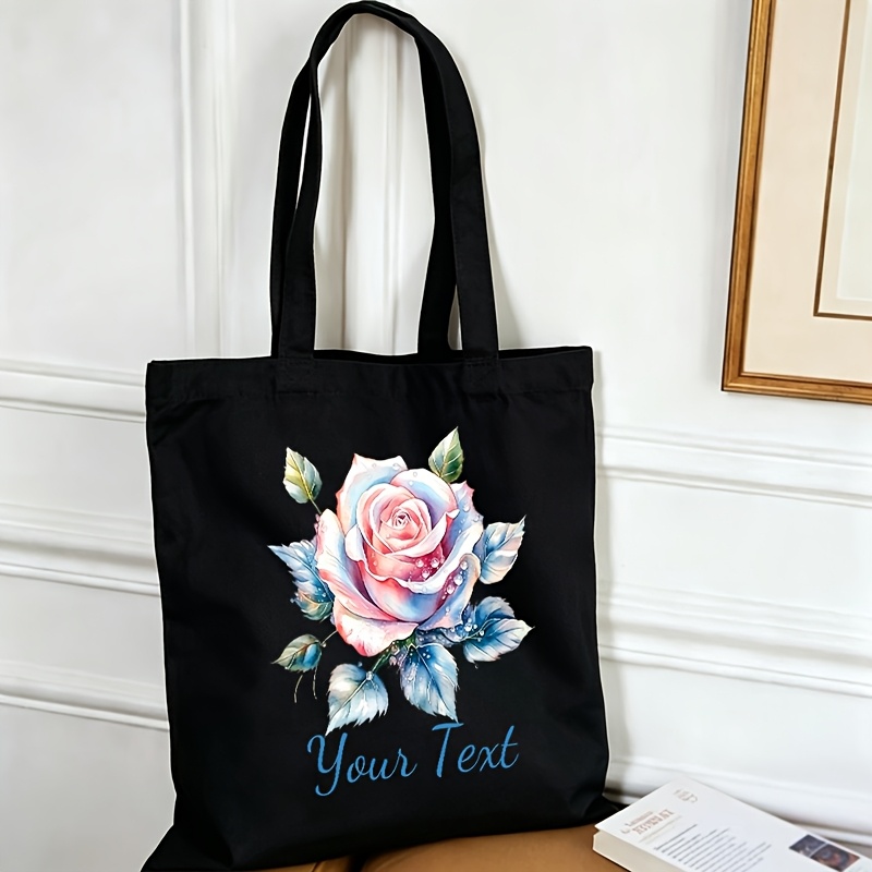 Personalized Custom Text Watercolor Rose Tote Bag, Large Capacity