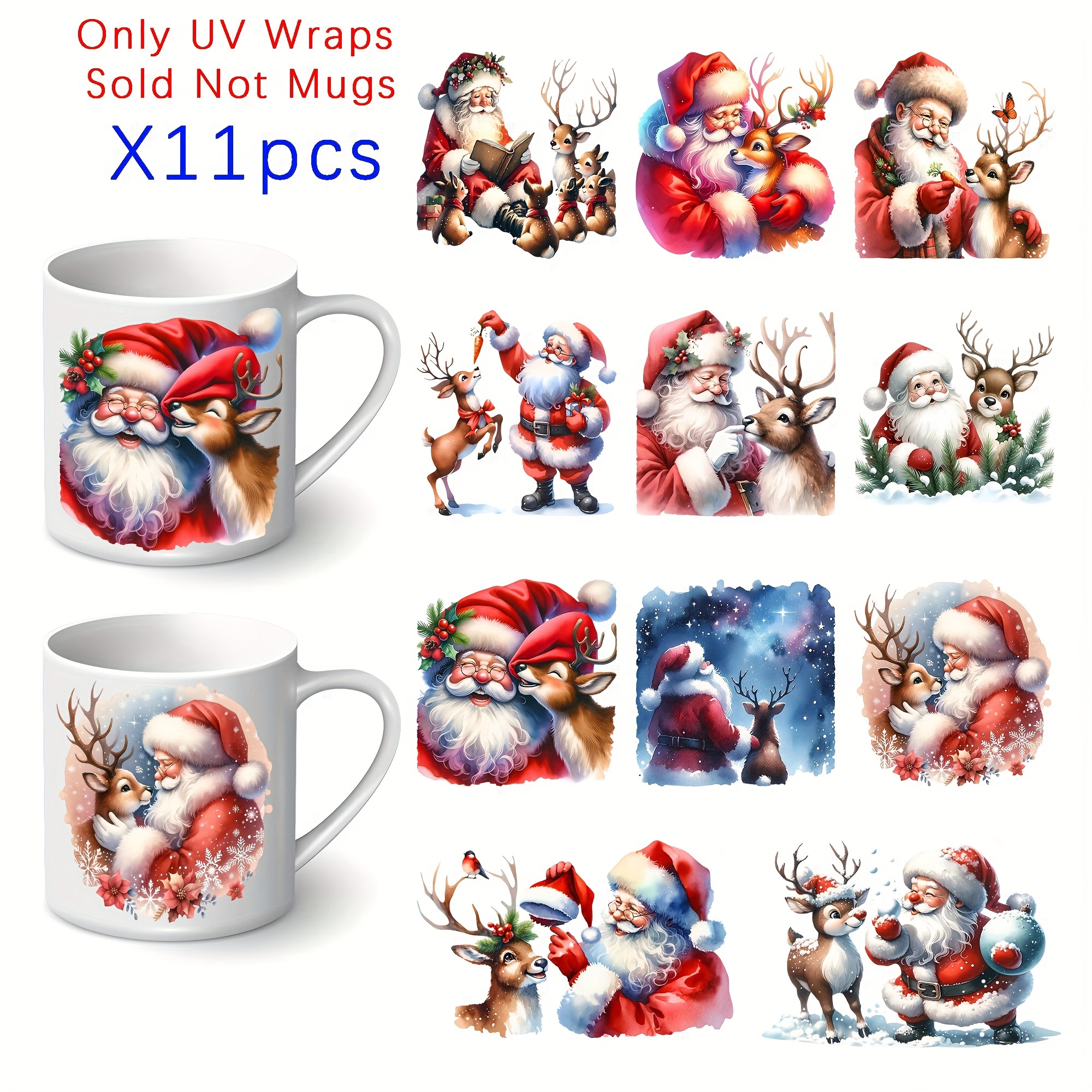 

Christmas Santa And Reindeer 11-piece Set, Uv Dtf Transfer Stickers, Diy Mug And Glass Decoration, Holiday Gift Decal Pack For Christmas And New Year