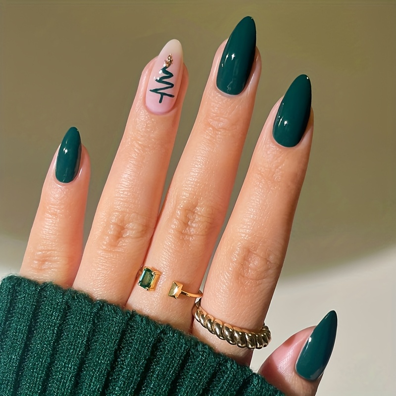 TEMU 24pcs Faux Ongles Acryliques Vert Moyen, Ongles Réutilisables Couverture Complète avec Surface Sapin de Noël, Ongles Acryliques Vert Brillant