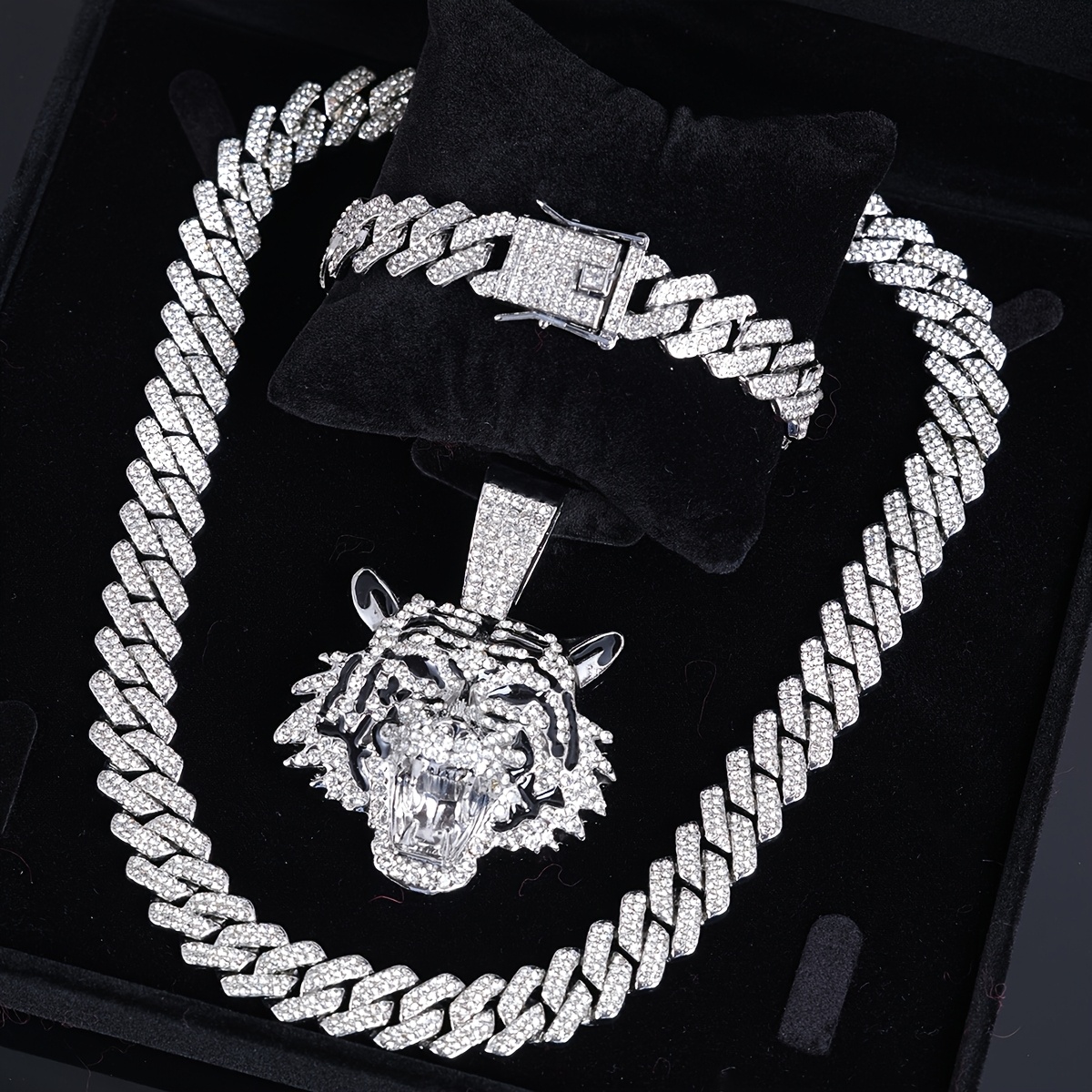 TEMU 3pc Exquisite Cuban Chain Bracelet Plus Necklace With Pendant,hip Hop Jewelry Set For Rappers,durable Construction And Versatile Style,perfect Gift For