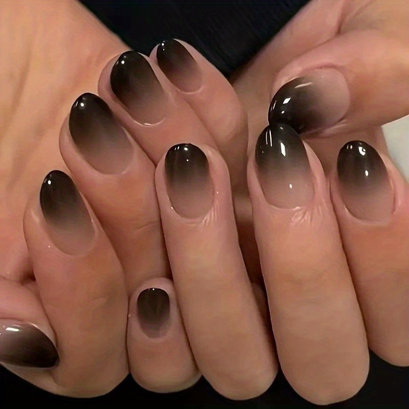 TEMU Upgrade Your Look: 24pcs Short Oval Ombre Black Press-on Nails, Elegant And Versatile With A Design, Detachable False Nails For Nail Extensions,