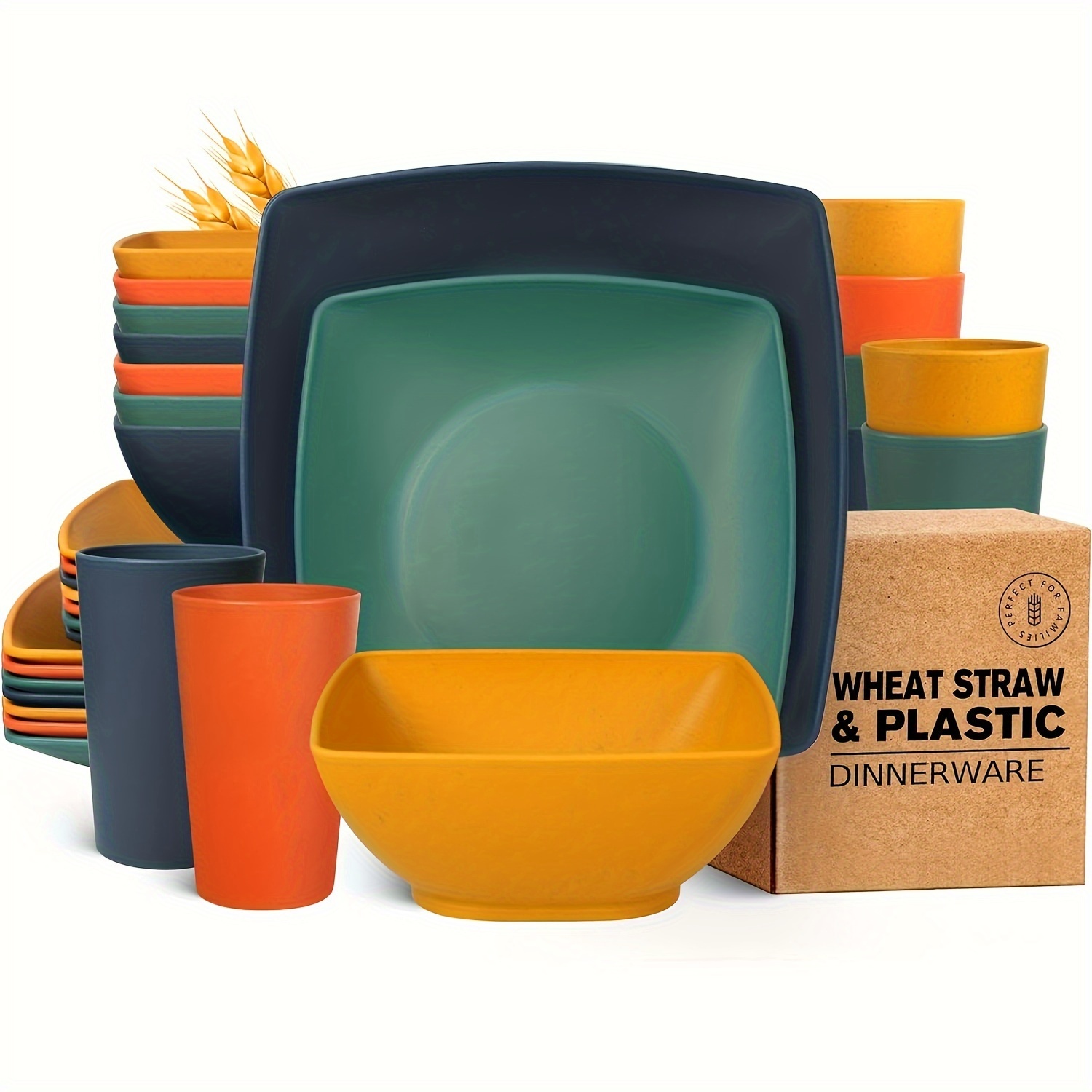 

Teivio 32-piece Plastic Wheat Straw Square Dinnerware Set For 8, Unbreakable Dinner Plates, Salad Plates, Snack Bowls, Tumblers 20 Oz, Dishwasher Safe, Autumn Multicolor