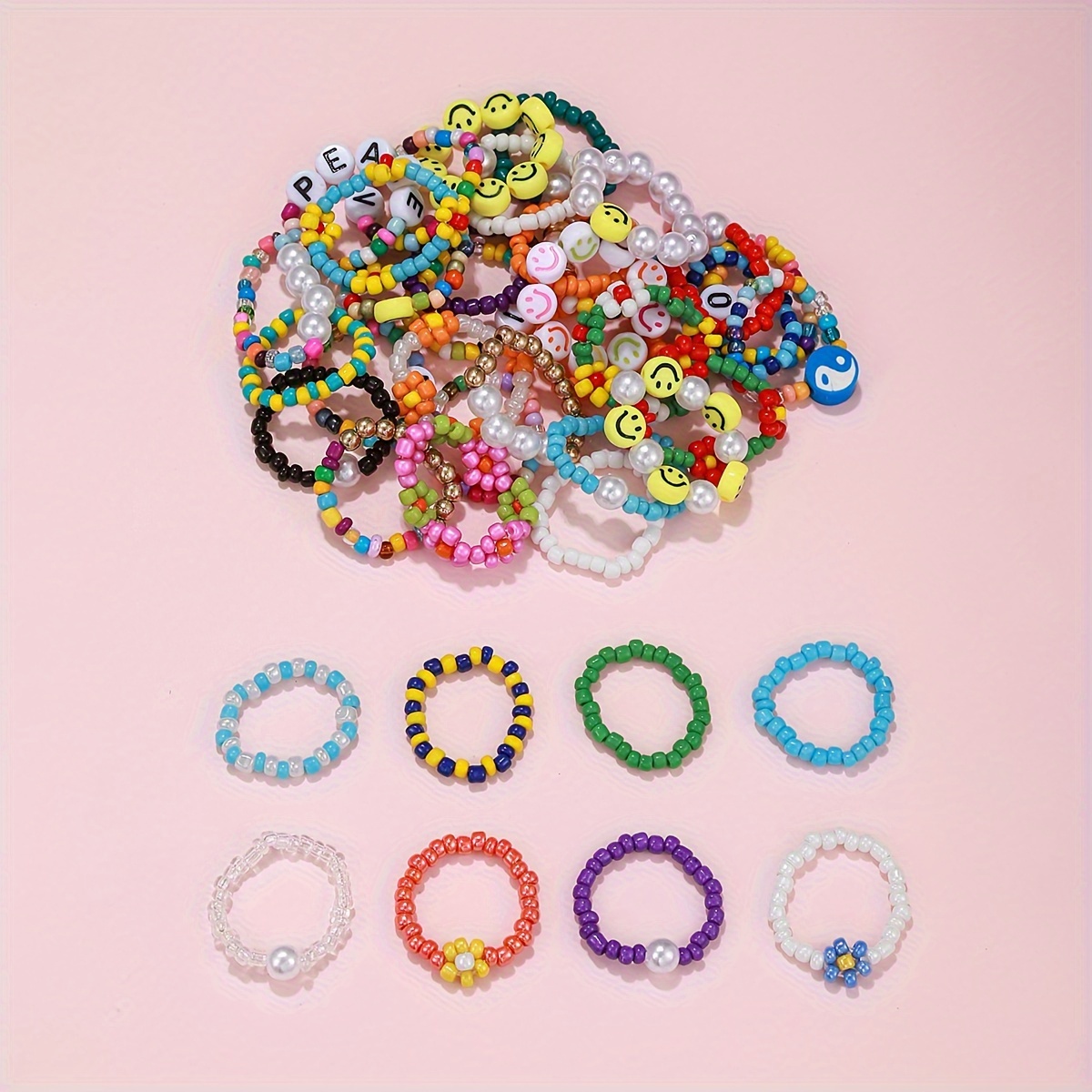 

40-piece Set Colorful Beaded Rings, Mixed Flower Toe Ring Set, Elegant Cute Bohemian Stretchy Ring Assortment, Fashionable Vintage Style Elastic Finger Ring Pack For Women