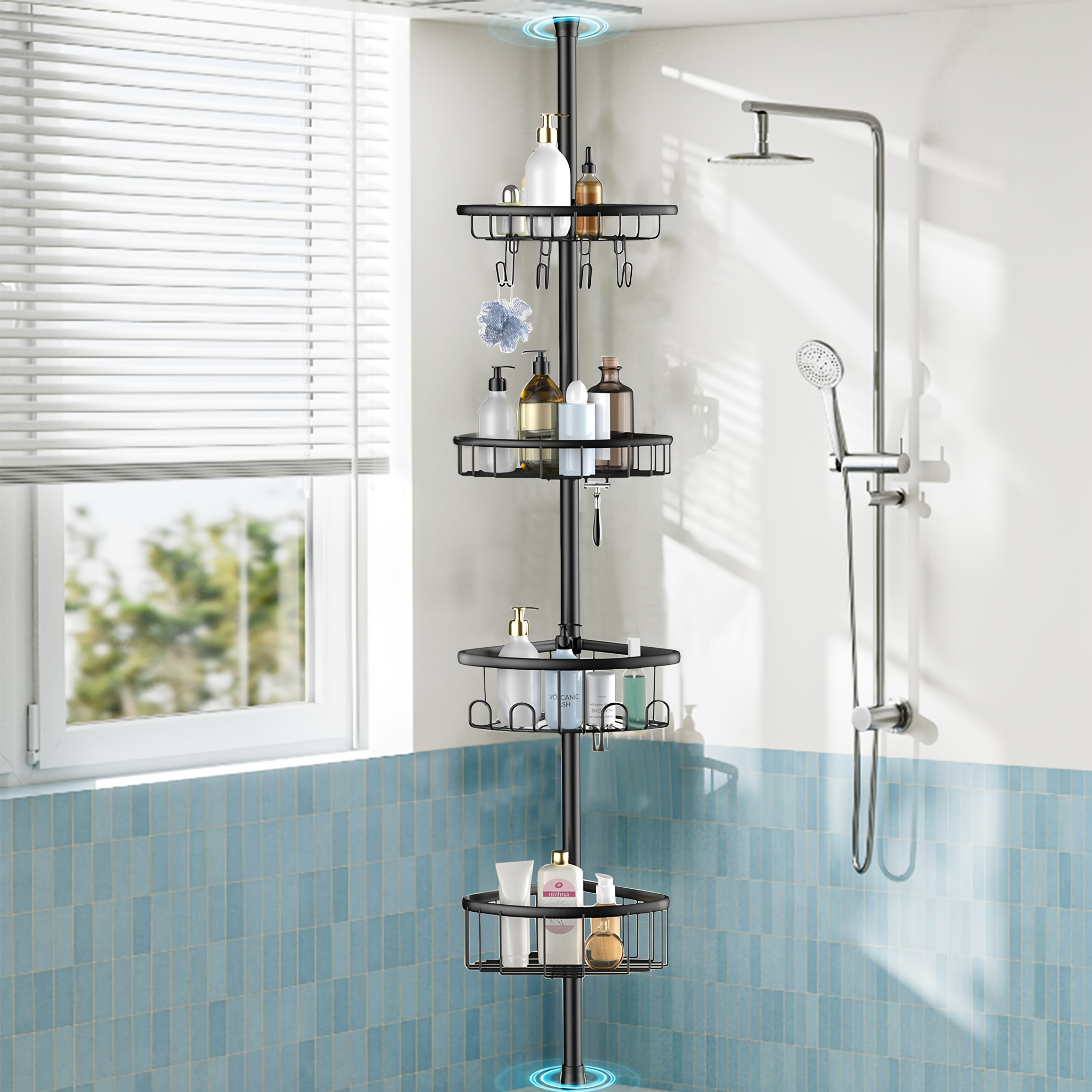 TEMU Rustproof Bathroom Shower Shelves, 4 Large Baskets For Bathtub Shampoo Storage Organizer Bathroom Height Adjustable Shelves From 47to 122 Inch