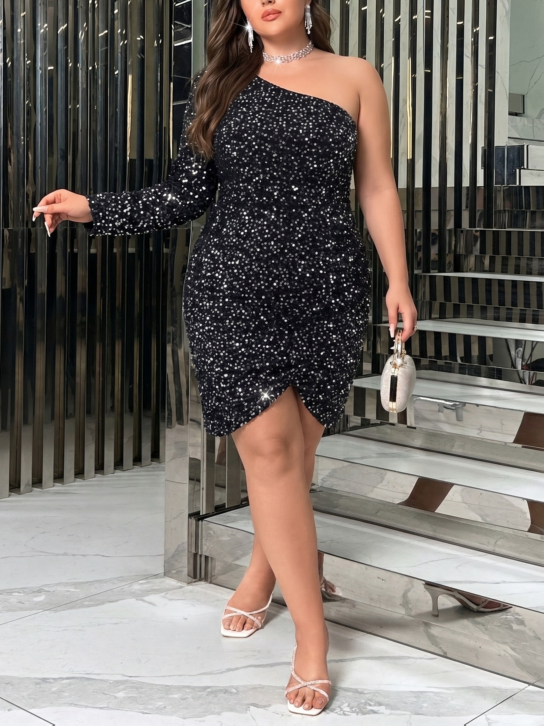 One Shoulder Plus Size Sparkly Evening Dresses Long Sequin One-Shoulder Plus Prom Dress PromGirl