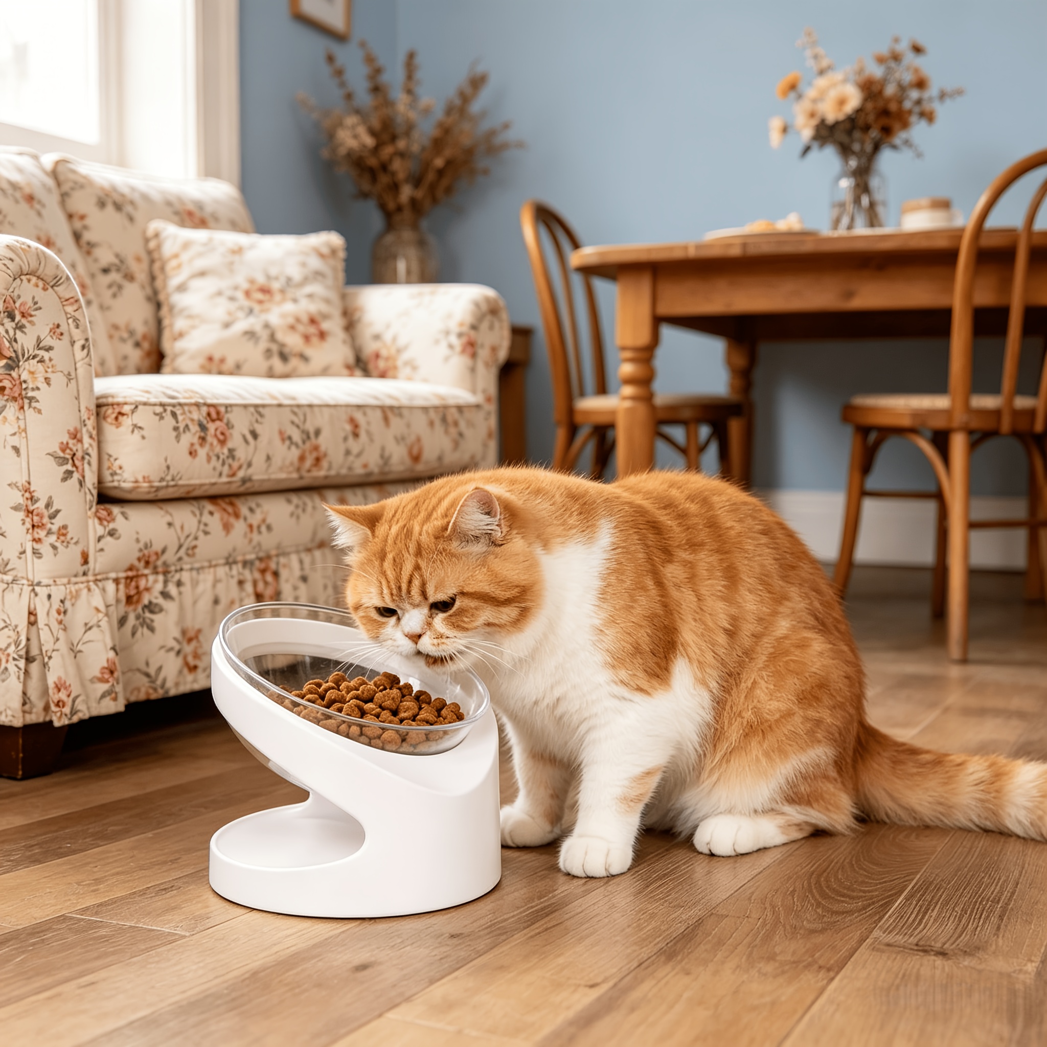 Tilted Neck-Protection Pet Bowl Set with Anti-Splash Bib