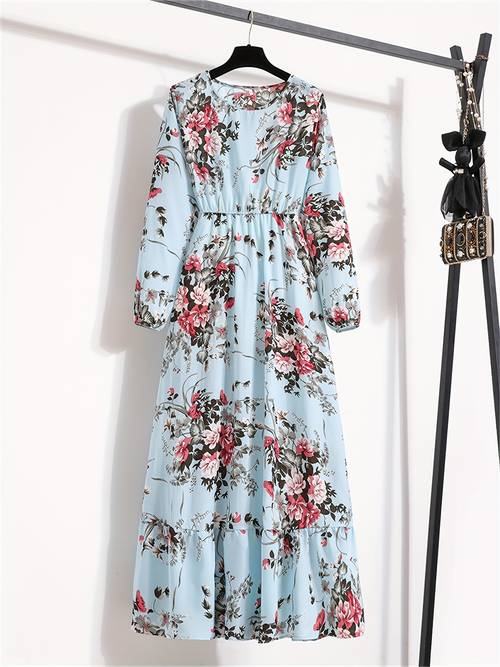 ladies elegant party round neck long sleeve waist cinching a line dress