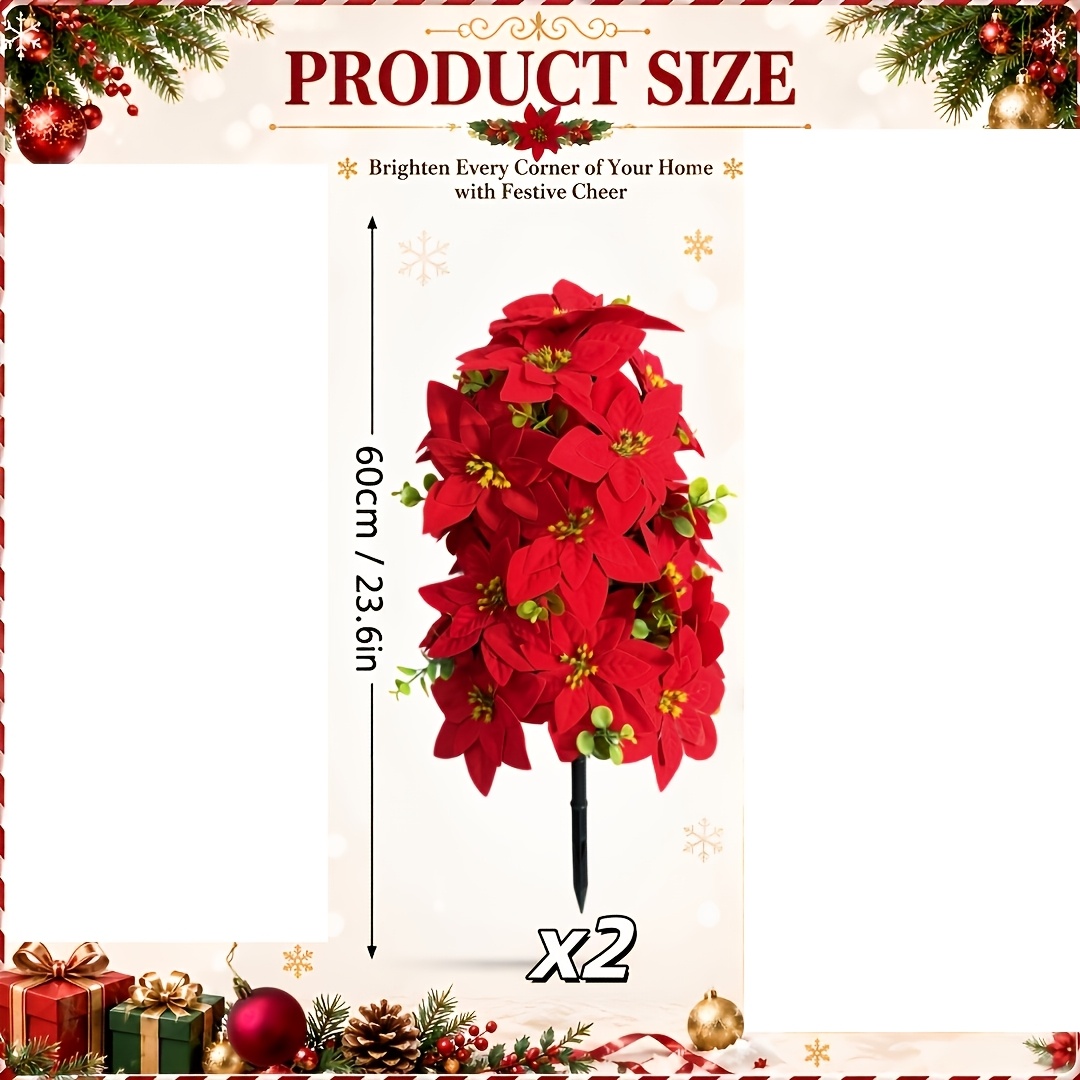 TEMU Set Of 2 Christmas Artificial Poinsettia Flowers, Floral Decor For Outdoor Courtyard, Garden, Lawn, Porch, And Potted Arrangements, Christmas