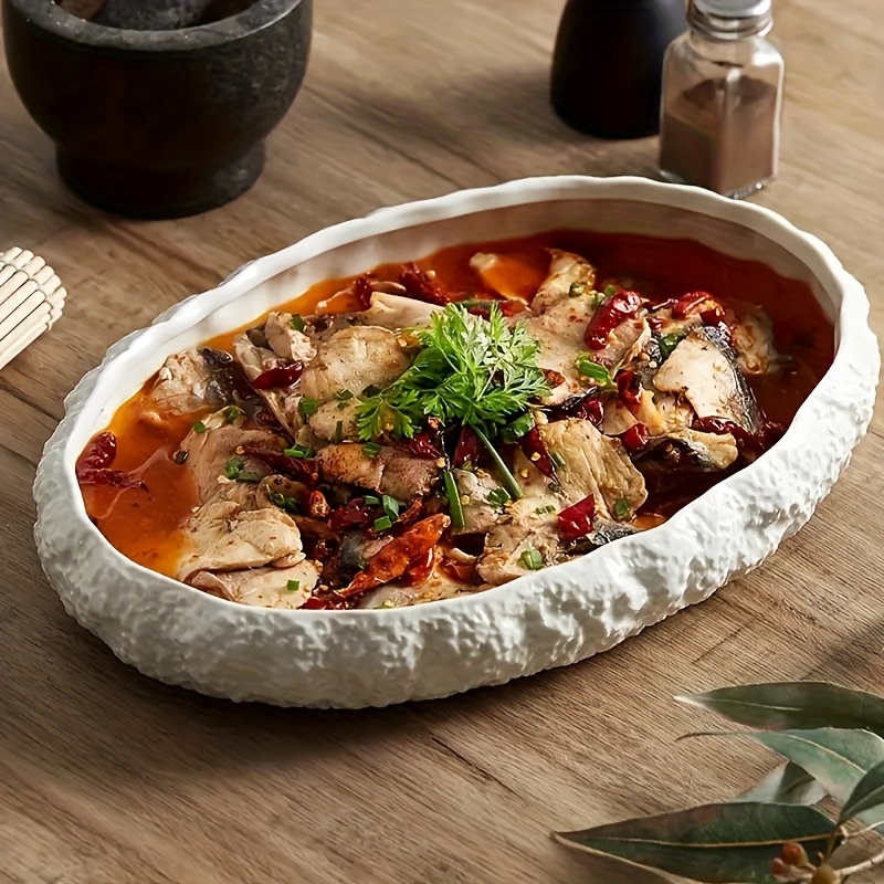 2pcs Set of Large Ceramic Fish Plates with Rock Pattern - Perfect for Steaming Fish, Lobster And Seafood - Elegant Tableware for Fine Dining Restaurants And Home Use