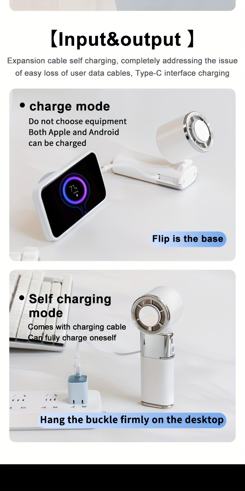 Handheld neck fan with a 130-degree adjustable head, built-in cooling pad on the fan surface for rapid temperature reduction, supports up to 10W fast charging via large 6000mAh battery, includes creative retractable lanyard and buckle strap