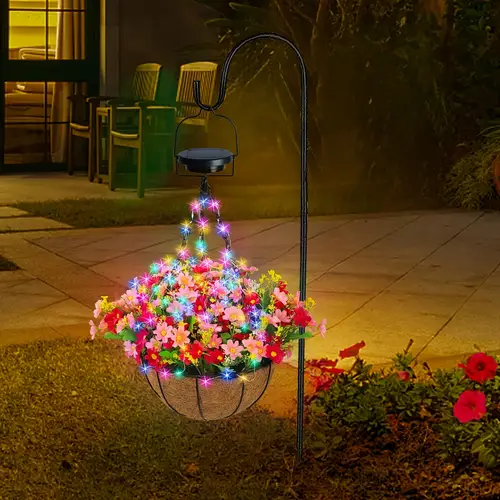 solar hanging artificial flower basket light with colourful solar lights 2 outdoor lighting 10 inch hanging basket with pink artificial daisy flowers for porch garden patio house