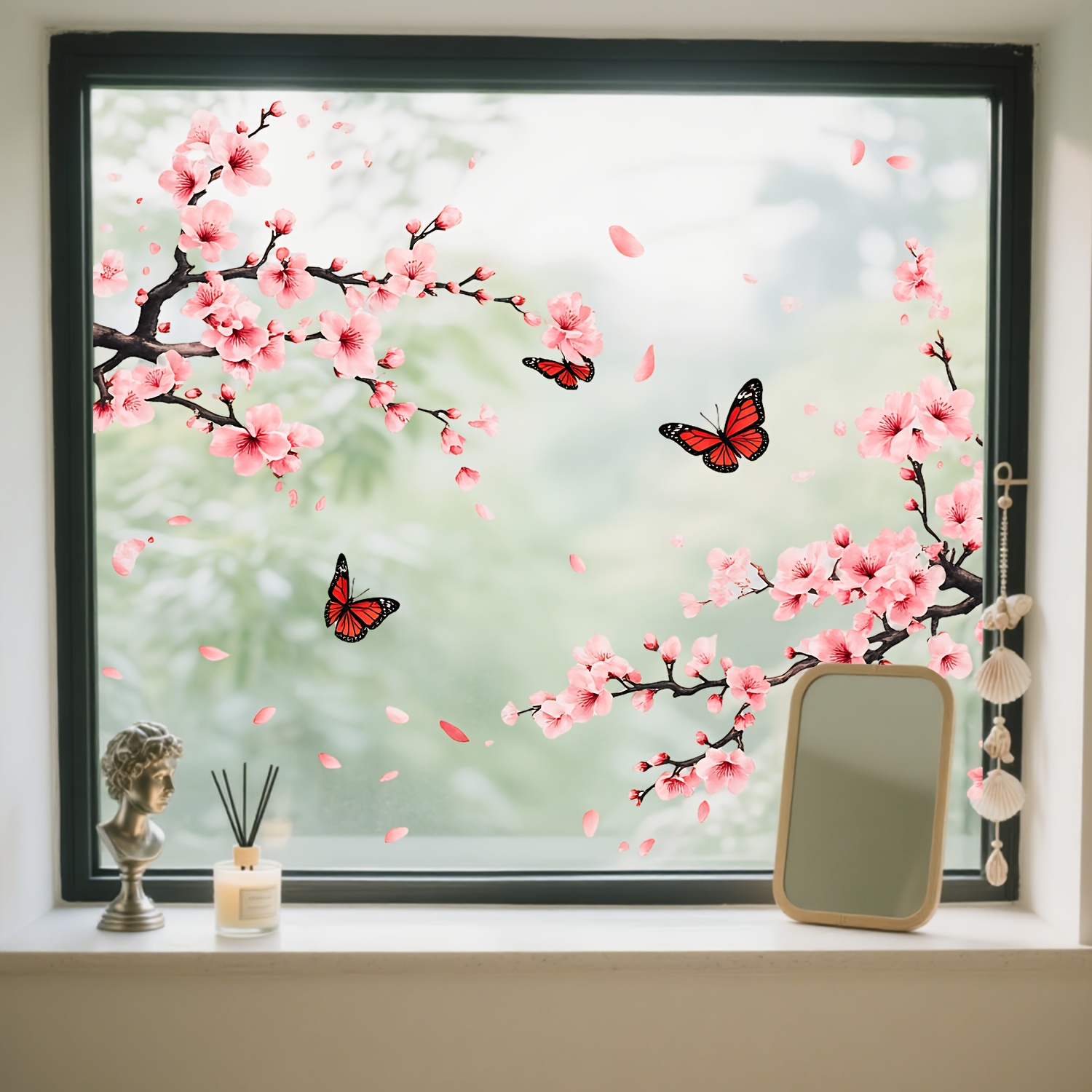E-shop Eine lebendige, rosa Pfirsichblüten- und Schmetterlings-Fensteraufkleber-Dekoration, selbstklebend und entfernbar, hochwertiger, doppelseitiger