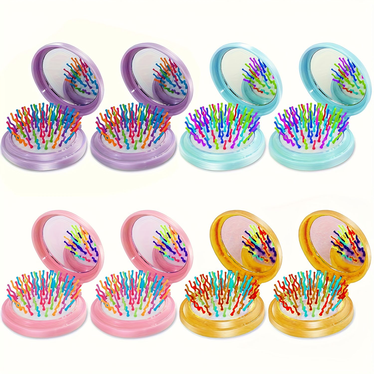 TEMU 8pcs Round Hair Brushes With Mini Mirror - Christmas Compact Folding Travel Hair Brushes, Portable Grooming Brushes For Women, Great For Holiday