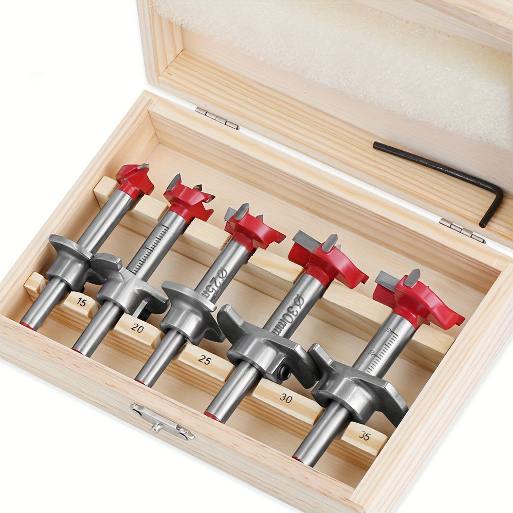 

5pcs Saw Set For Woodworking - 15-35mm , Cutting, Alloy , Comes Wooden Storage Box, Woodworking Saw Tool, Round For Wood And Cutting