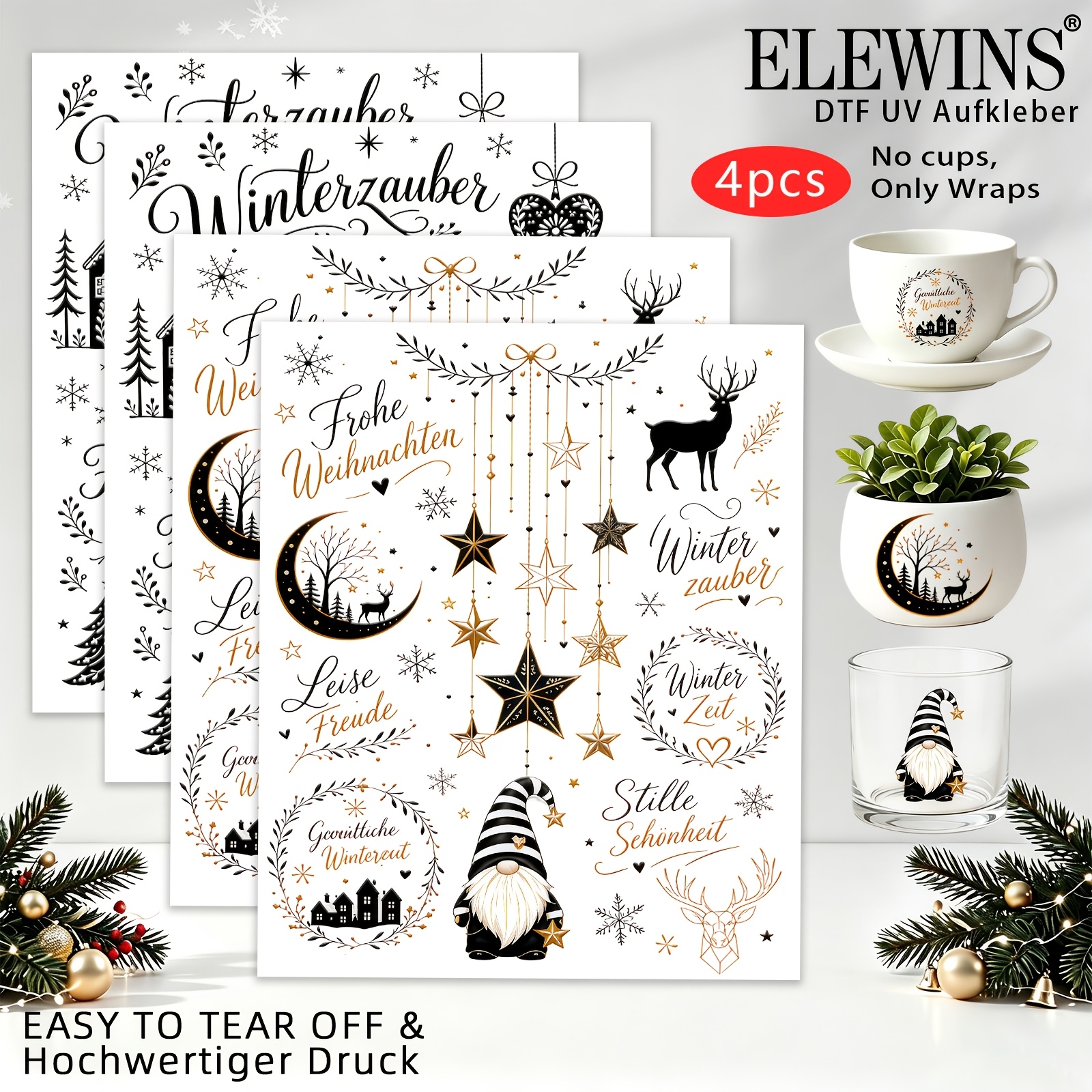 TEMU 4er-Set Weihnachtliche UV-DTF-Abziehbilder, Kerze, Aufbügel-Transfer-Set, Becher-Set, geeignet für DIY-Bastelarbeiten, Glas- Keramikhandwerk,