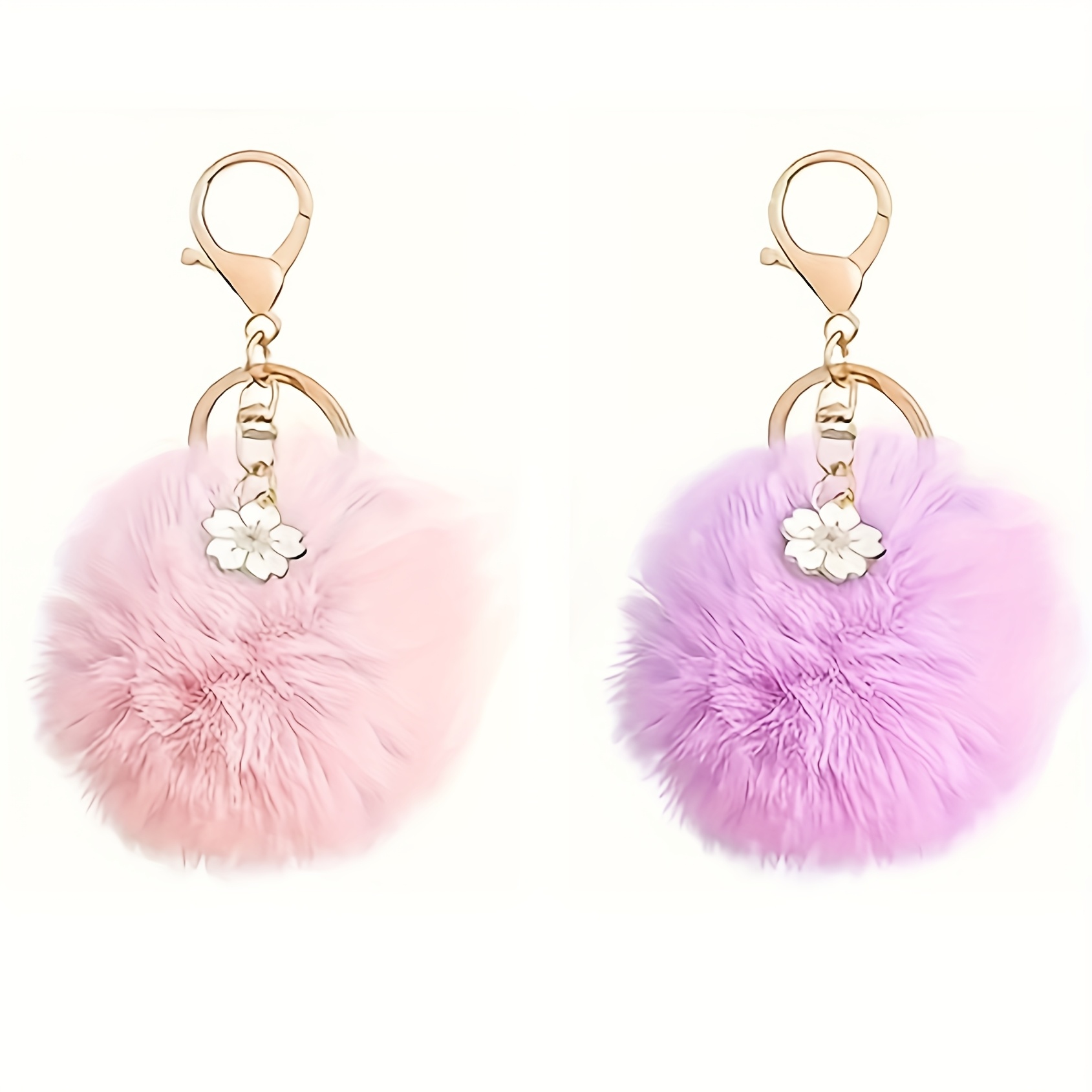 Image of 4/2 Faux Fur Pom Pom Keychains, Featuring Floral Decorations, Perfect Accessories For Women's Handbags, Soft Keychains For Purses And Bags