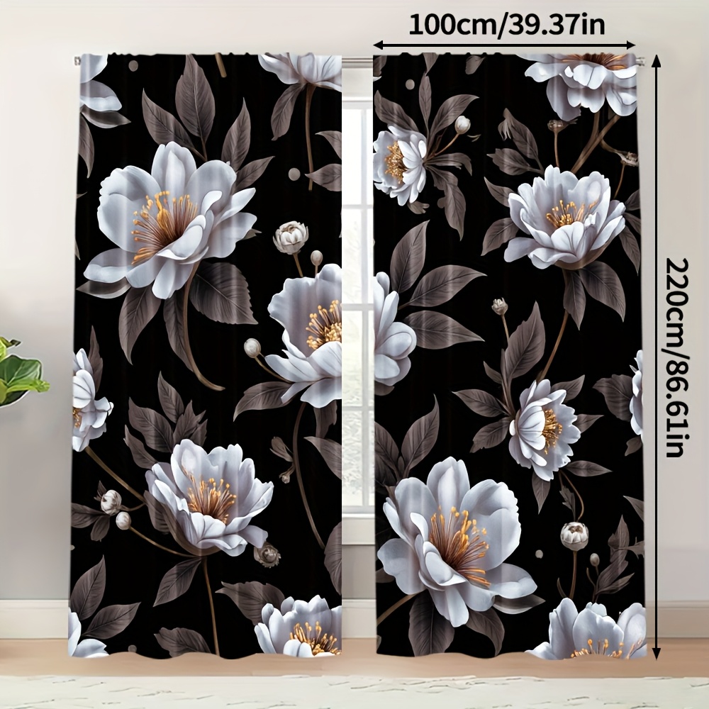 TEMU 2d Flat, 2pcs, Black Floral 2d Pattern 2d Curtains 100% Polyester Home Decor For Bedroom Living Room Window Kitchen Office Home Decoration