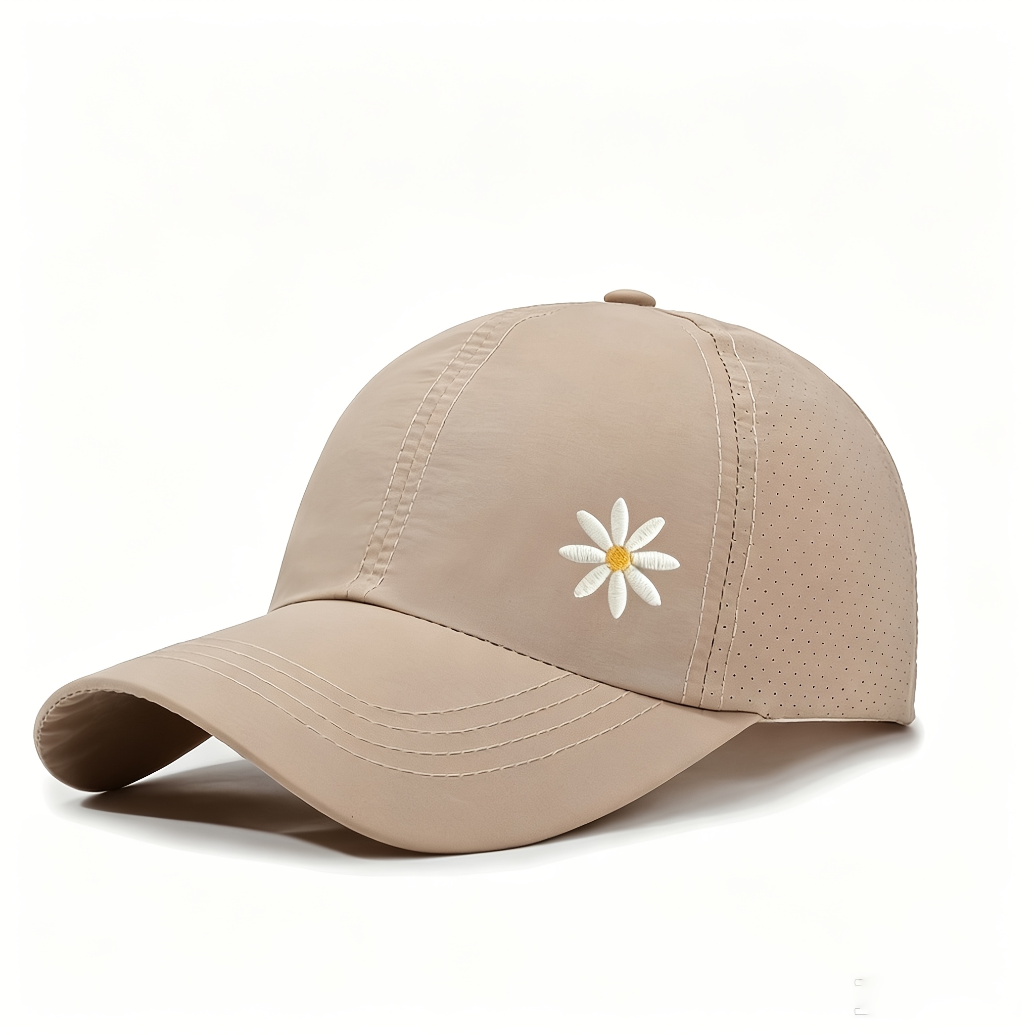 Image of Unisex Embroidered Daisy Baseball Cap - Breathable, Quick-dry Mesh Cap With Ponytail Hole, Adjustable Design In /pink/gray, Ideal For Running And Casual Wear