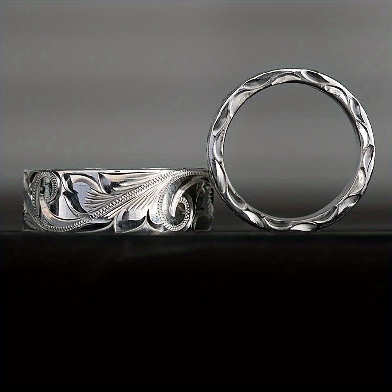 Hand Carved Leaf & Flower Wide Band Ring Unisex Accessory Classic Style