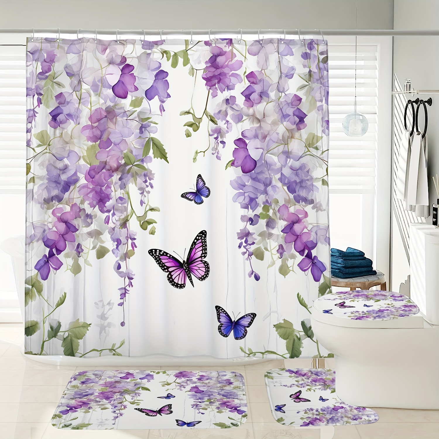 

1/3/4pcs Purple Floral Butterfly Pattern Bathroom Set, Shower Curtain With 12 Hooks & 3 Anti-slip Mats, Toilet Cover, Absorbent Bath Rug, Bathroom Accessories, Home Decor