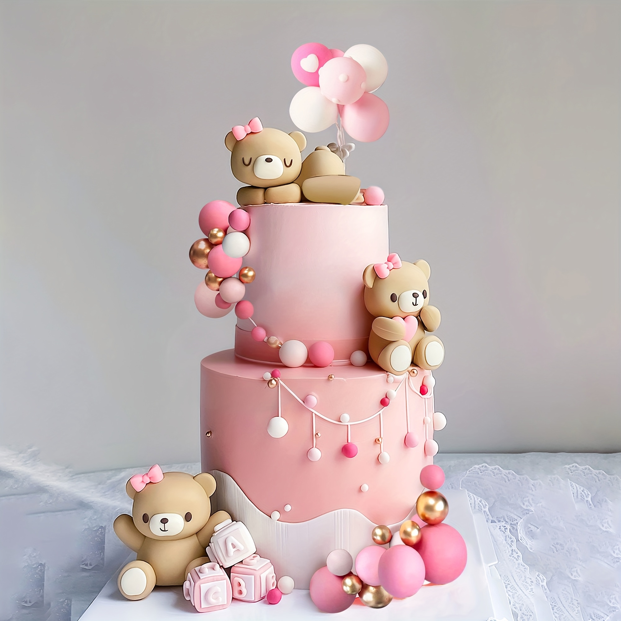 Rosa Teddybär Torten-Deko Set - Süße Kuchendekoration Für Mädchen Geburtstag