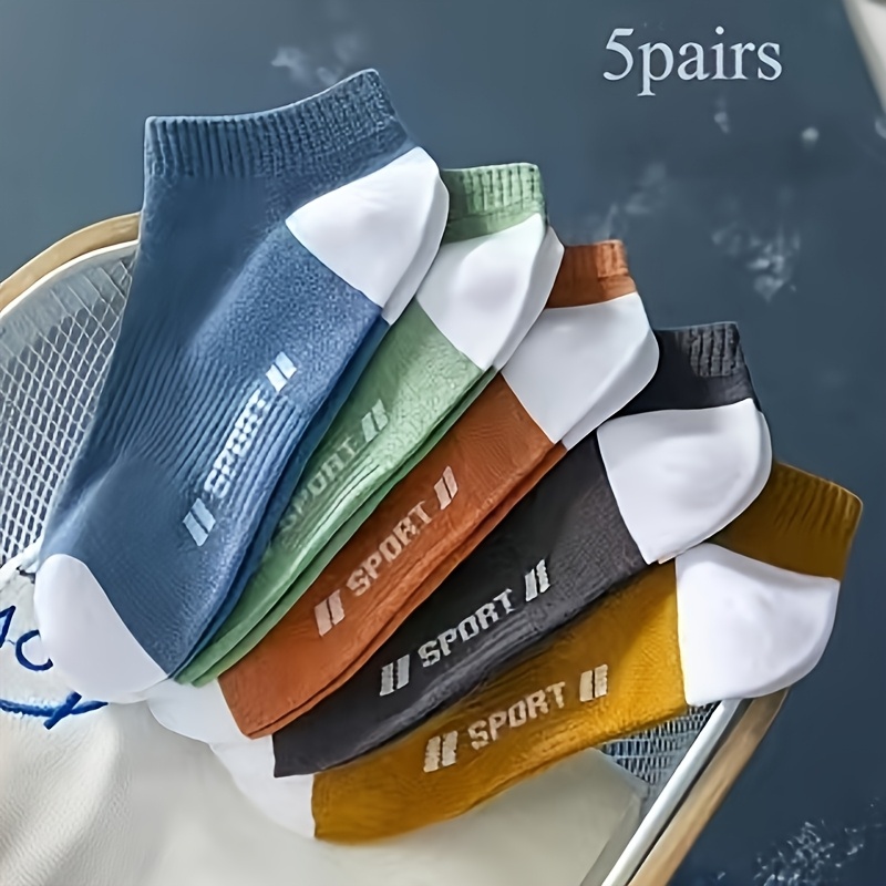 TEMU 5-pair Unisex & Suitable For Men And Women Color- Letter Print Athletic Socks - Breathable Short Sole Socks With Color, Machine Washable For