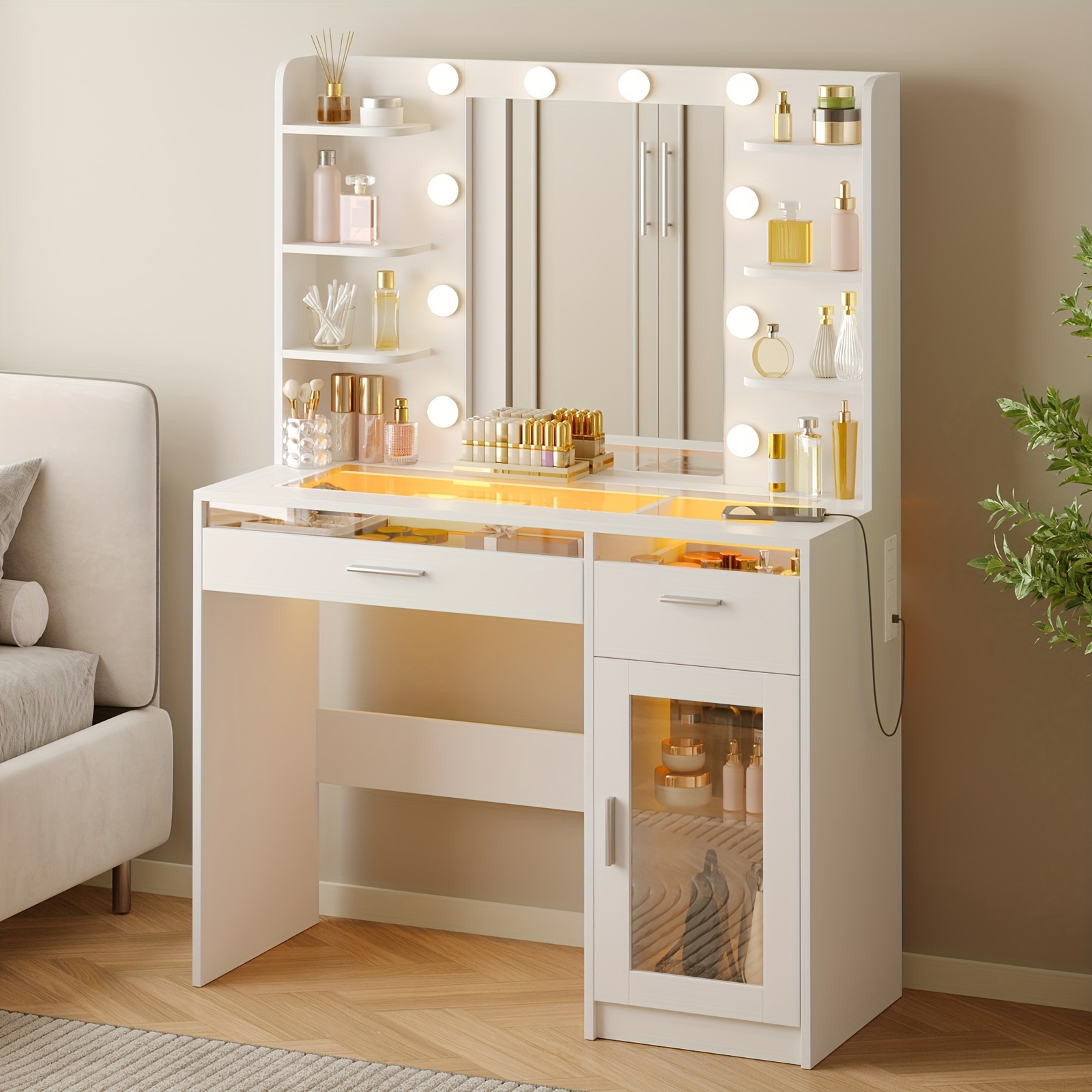 TEMU Whonline Vanity Desk With Mirror And Light, Makeup Vanity With Power Strip And 10 Lights, Makeup Table With 2 Drawers And 1 Storage Cabinet,