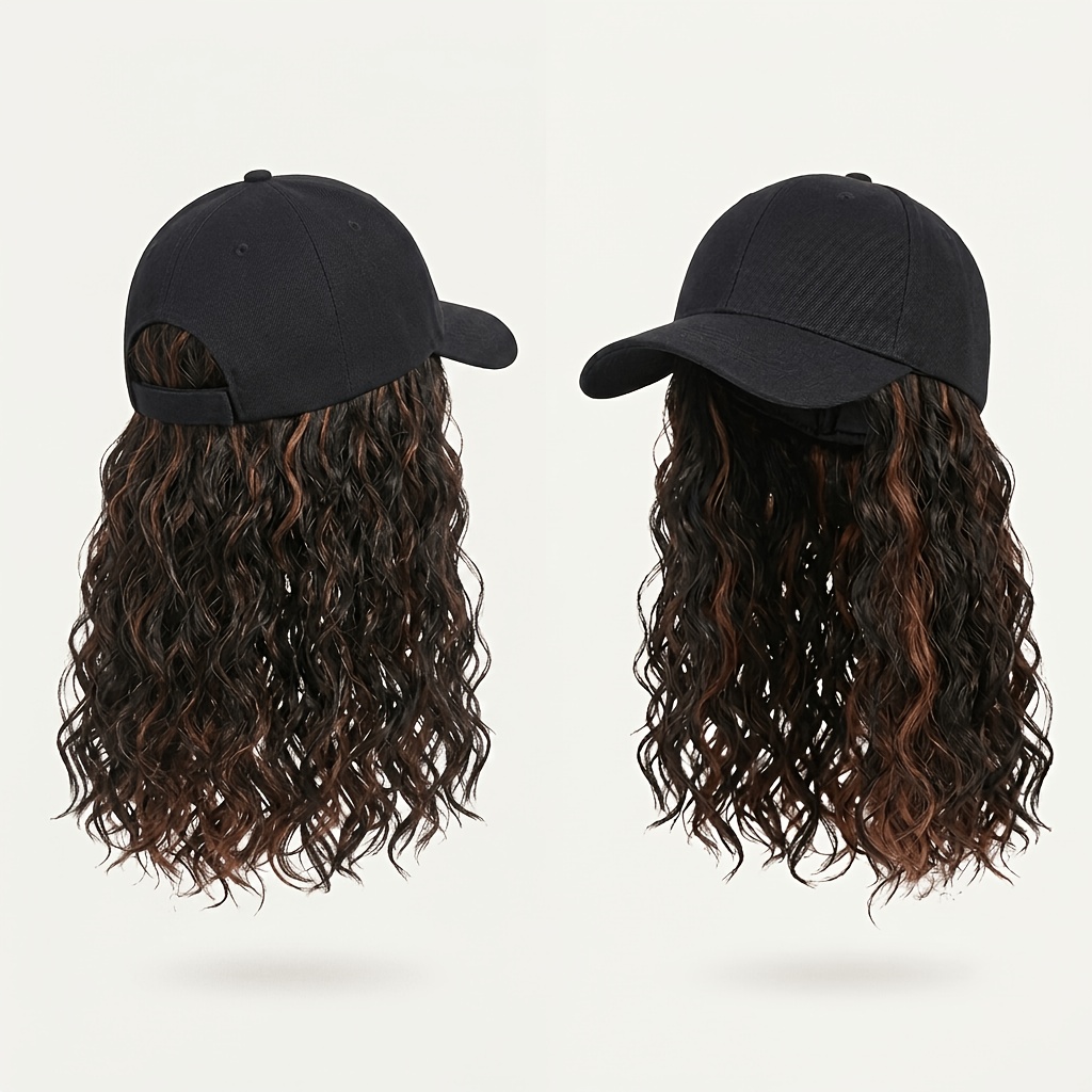 TEMU 1pc Baseball Wig, Heat Resistant Synthetic Water Wave Hair, Adjustable Breathable Hat Attached Wig, 12 Inch 1b/30 Black With Highlights, For