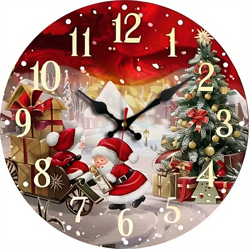 TEMU 1pc, Minimalist Creative Stylish Wall Clock, Christmas Santa Claus Themed Clock, Silent Quartz Round Wooden Clock, Suitable For Decorating