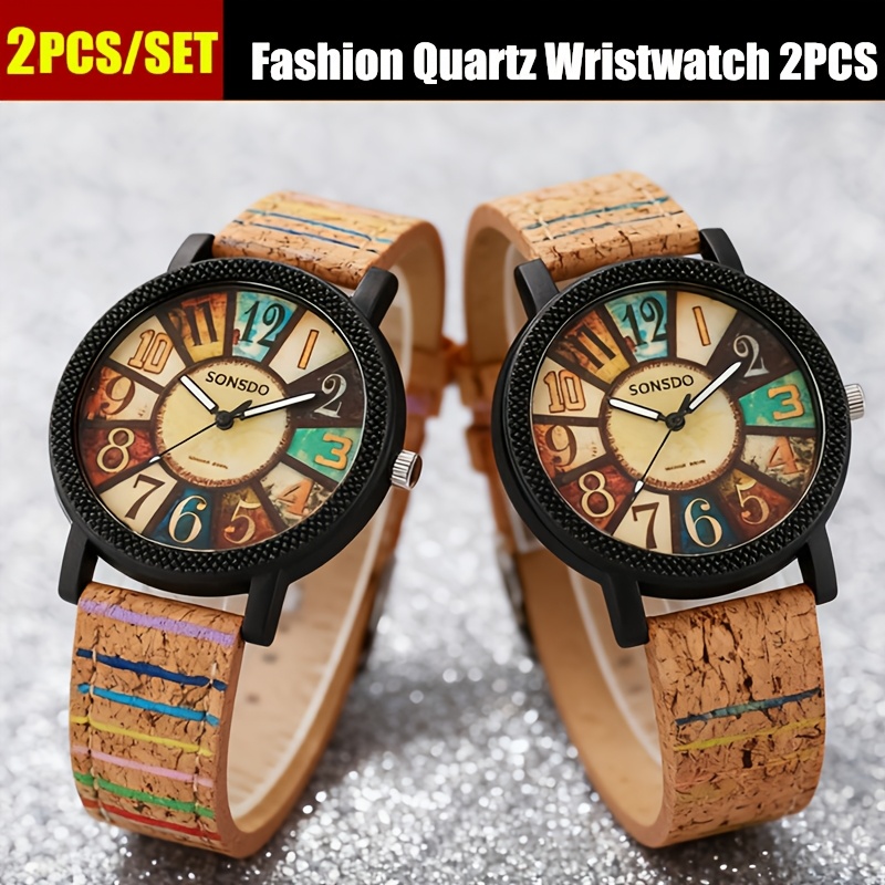 TEMU Trendy Watch Collection, 2pcs Set Of Elegant Unisex Wooden Grain For Men And Women
