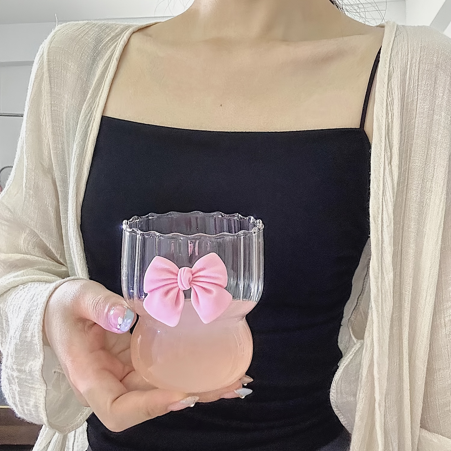 

1pc, Bow Decor Glass Cup, Cute Girly Water Cup, Iced Coffee Cups, Drinking Glasses For Juice, Milk, Tea, And More, Summer Winter Drinkware