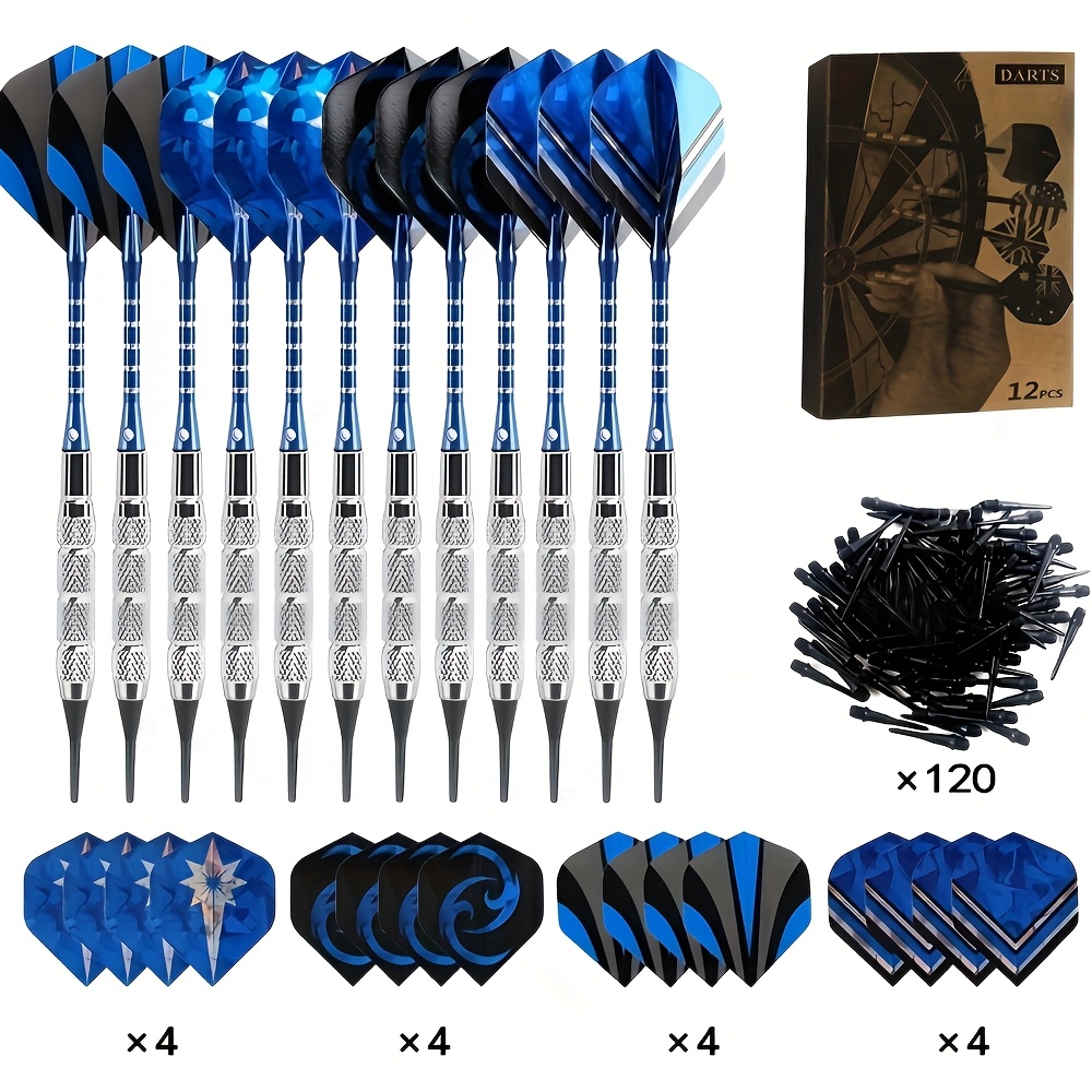 E-shop Weichspitz-Dartset, 12-tlg. 18g professionelle Pfeile aus Aluminiumlegierung + Eisenmetallkörper, mit 16 Dartflügeln 120 Kunststoffspitzen für