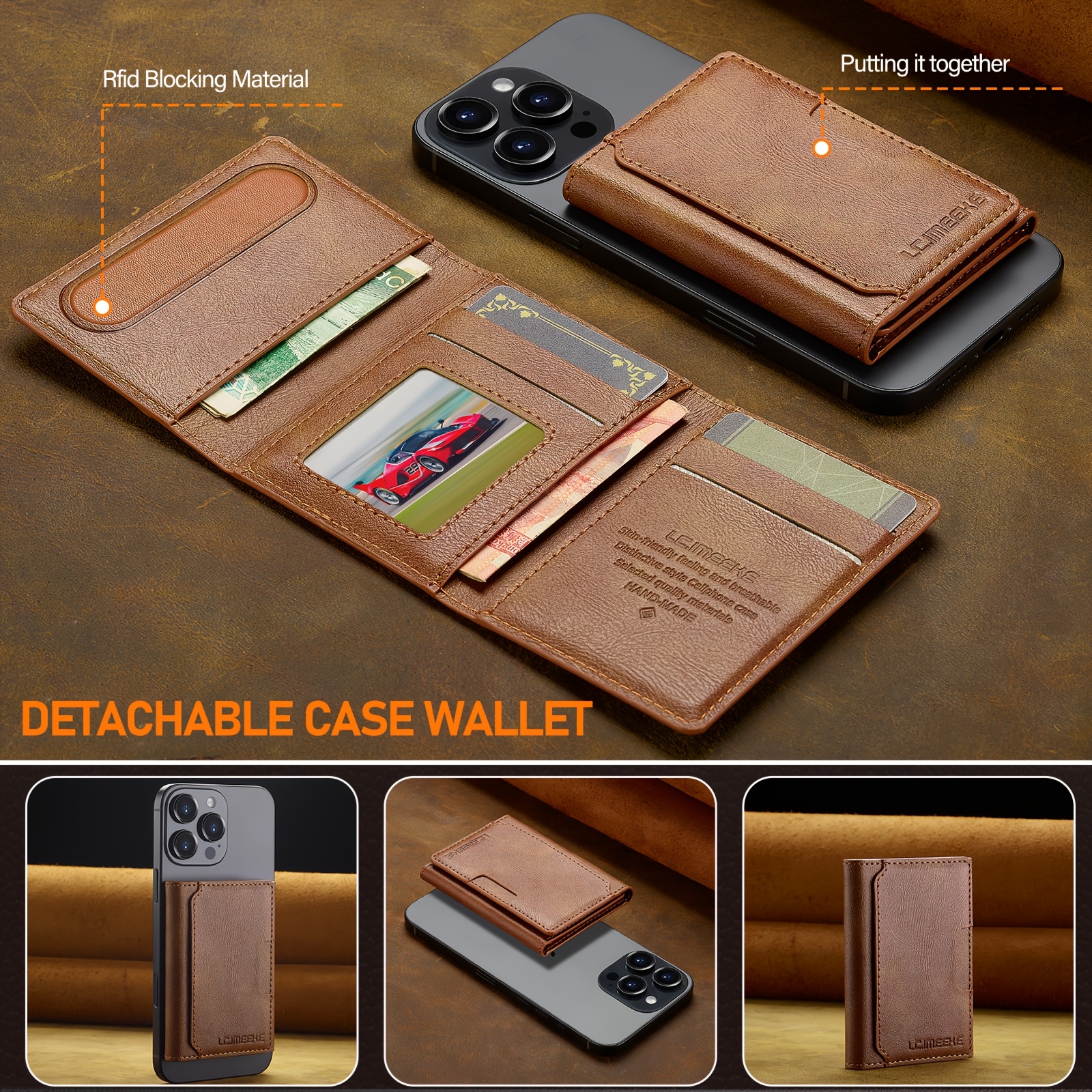 

Lc.imeeke Detachable Magnetic Synthetic Leather Wallet Case - Brown, Compact 5-card Holder With Zipper Flip, & Stylish For Use, Ridged Blocking Material, Easy To Clean, Detachable Wallet Phone Case