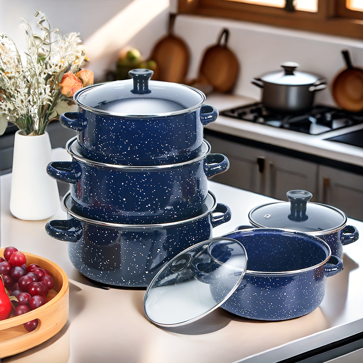 

All-in-one Blue Enamel Cookware Set - Non-stick, Easy Clean For Soup, Stew, Fry - Perfect For Home & Outdoor