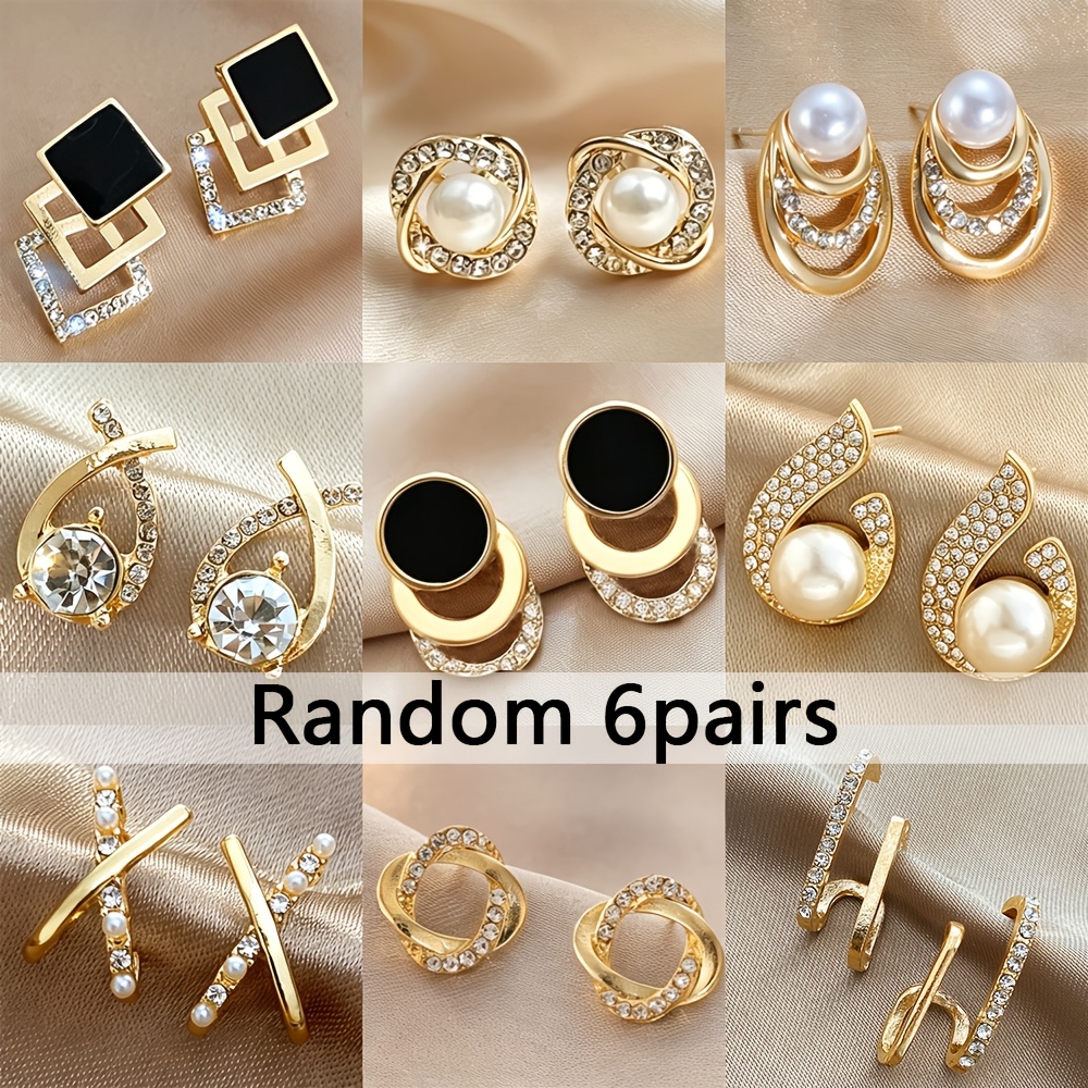 TEMU Juego aleatorio de 6 de aretes de lujo , y de estilo exquisito con tachuelas brillantes de pedrería de cruz, , geométricos, cuadrados y redondos