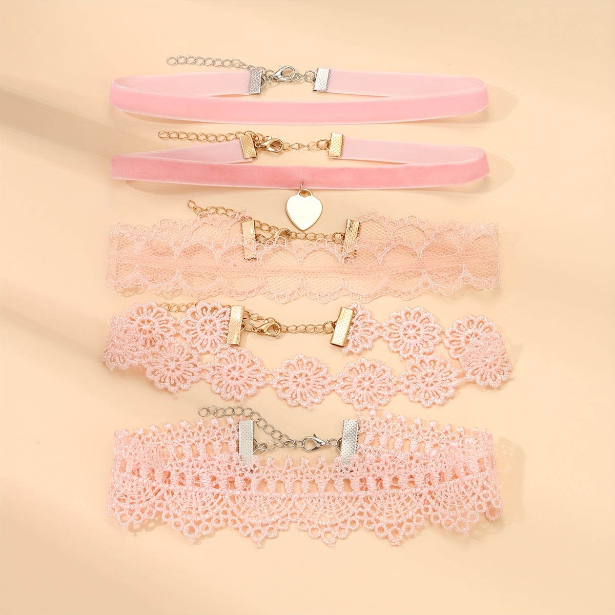 Image of 5pcs Women's Y2k Style Pink Velvet & Lace Choker Set With Heart Charm Adjustable Chains For Wear