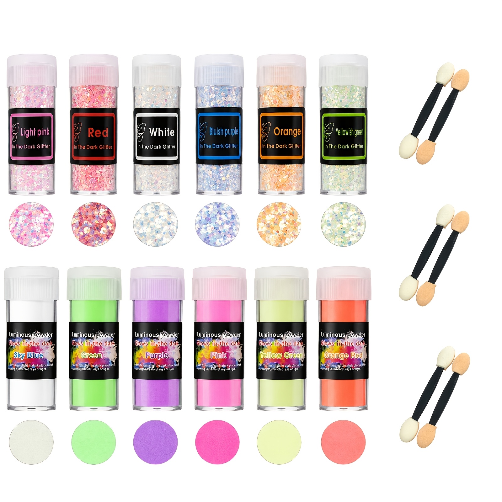 TEMU [Pour professionnel] Lot de 18 pigments pailletés luminescents (12 couleurs + 6 pinceaux) Pigment fluorescent néon activé par UV, convient pour
