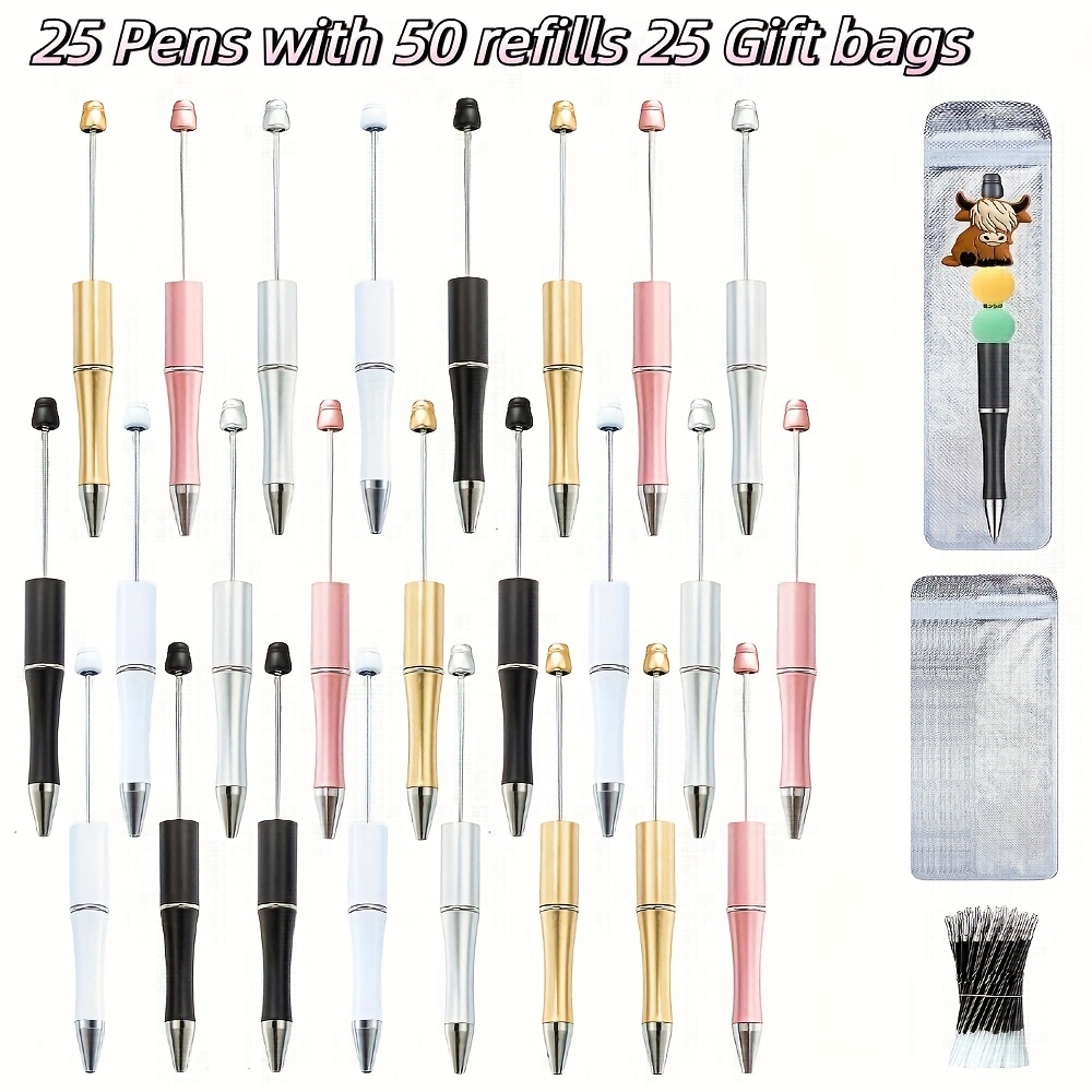 60 Pcs Beadable Pens DIY Kit - 10 Color Plastic Pens With Black Ink For Crafting