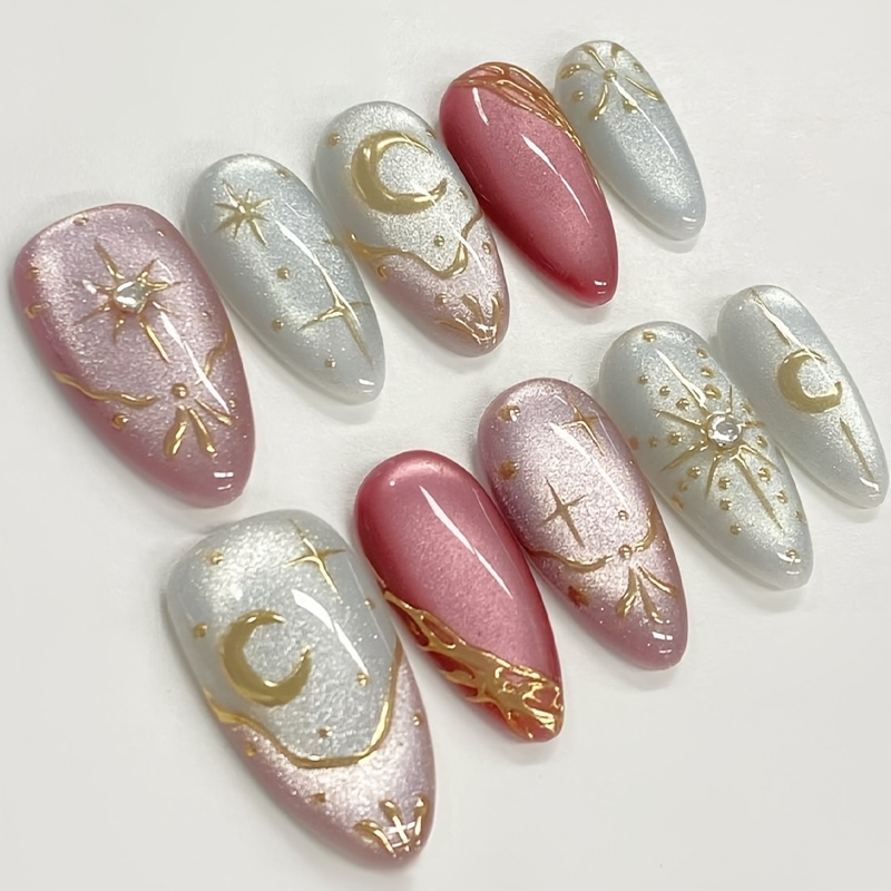 60pcs Eye Wearable Nails, Pink White Gradient Golden, Painting, Almond Nails Painting Star Almond High End White Nail Art