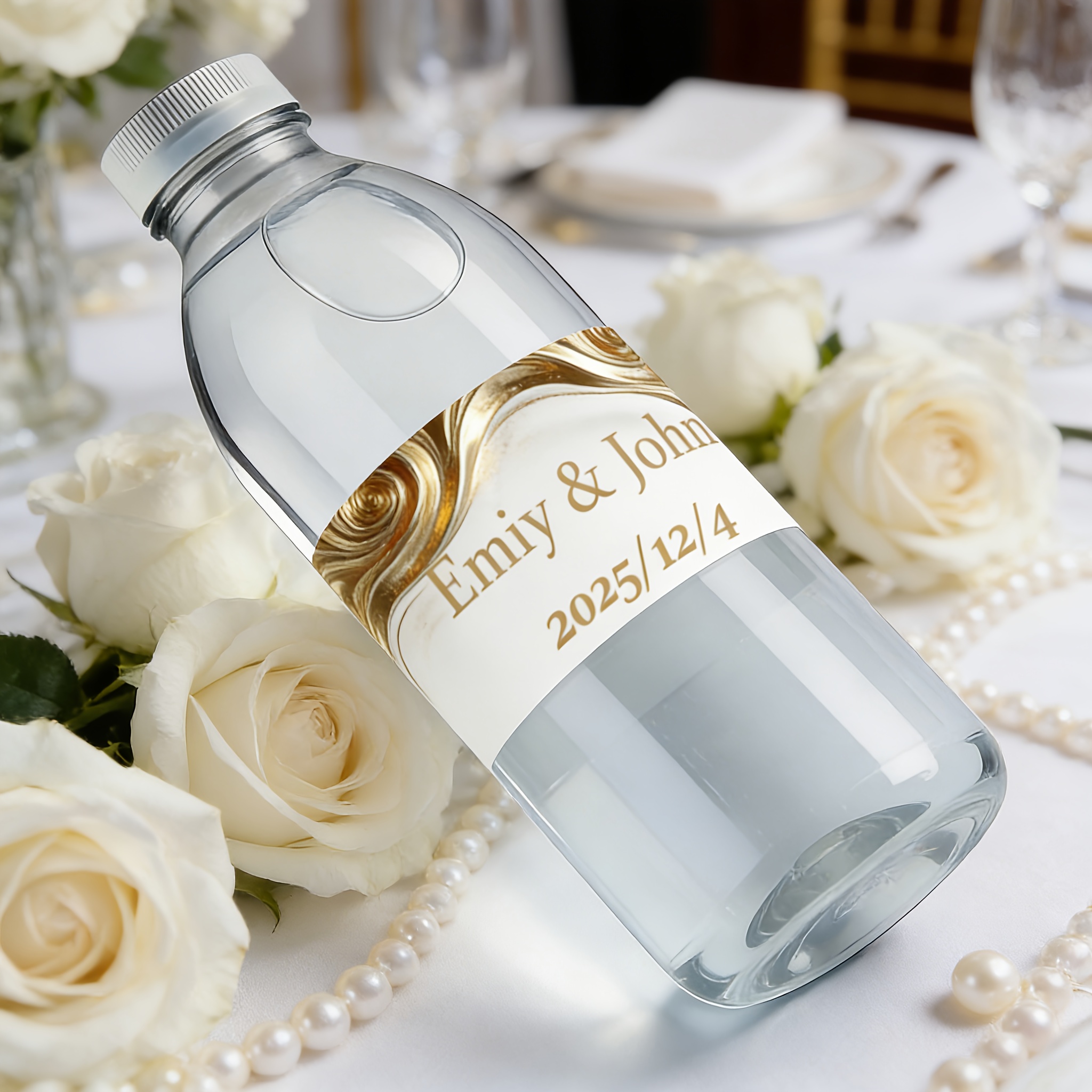 TEMU 24 étiquettes de bouteille d'eau personnalisables avec bordure dorée | Décoration de mariage avec personnalisé et design de date, idéal pour la