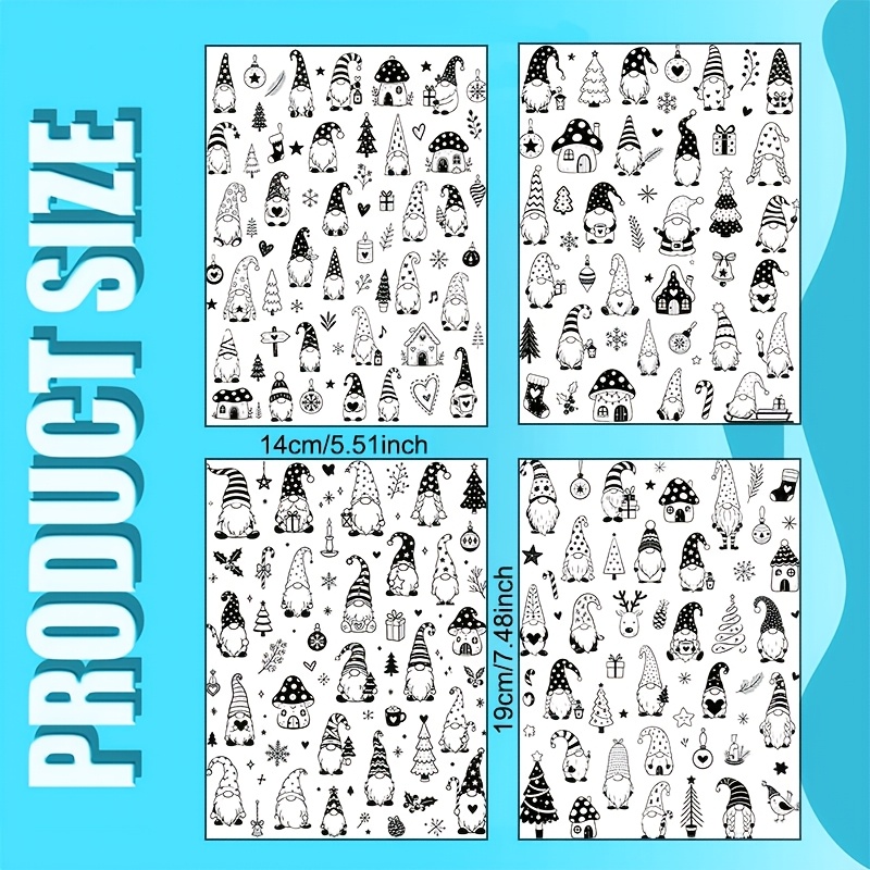 TEMU 4 fogli/set, Carta da trasferimento a tema elfo natalizio con disegno a linee bianche e nere, Stile a linea disegnato a con nano dal cappello ,