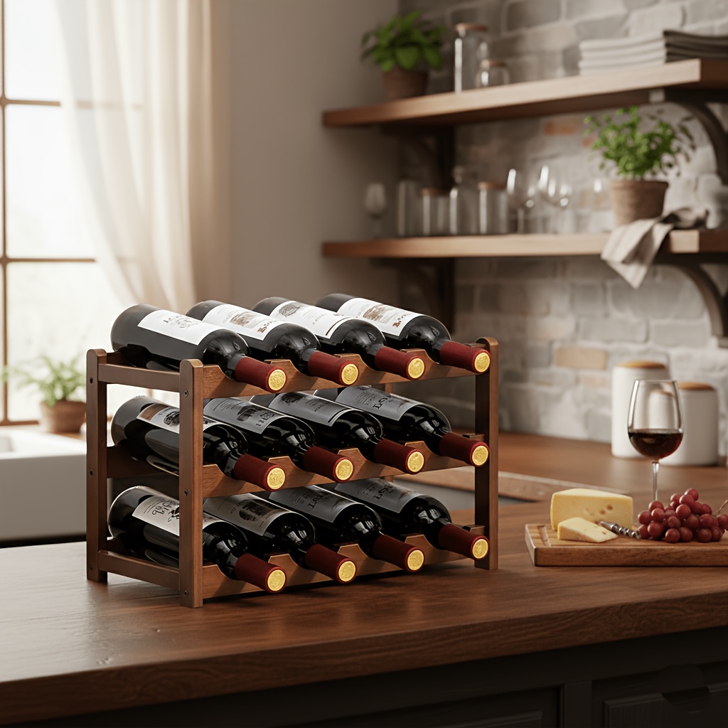 Image of Bamboo Wine Rack, Wine Cabinet Shelves, Easy-to-assemble Freestanding Bamboo Wine Rack, Suitable For Kitchen, Pantry, Dining Room, Bar Countertop, Walnut Color