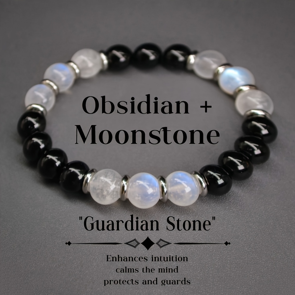 E-shop Handgefertigtes Bohemian Elastisches Schutzstein-Perlenarmband - Natürlicher Obsidian und Mondstein, Schutzperlen und , Unisex
