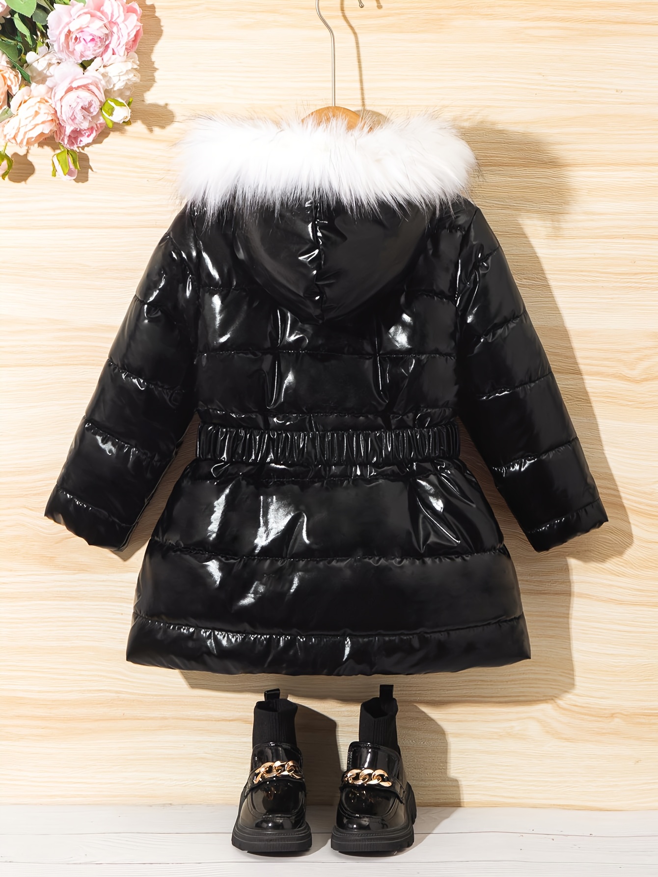 Kerstmeisjes 110-150cm Herfst/Winter Warme Modieuze Klassieke Bontkraag Midi Jas met Riem