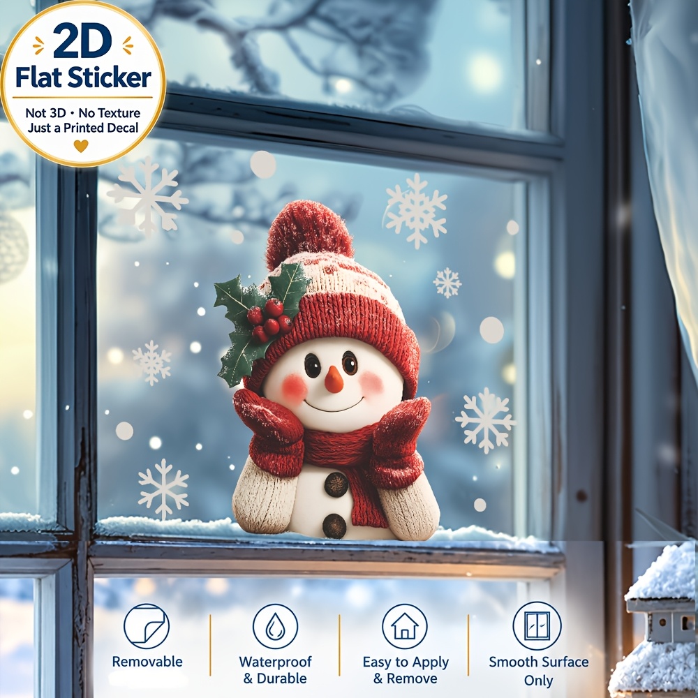 TEMU 2D Flach, Großer Lächelnder Schneemann mit Schneeflocken Statische Fensterfolien - Hochwertige Abziehbare PVC-Aufkleber für Glastüren, Spiegel -