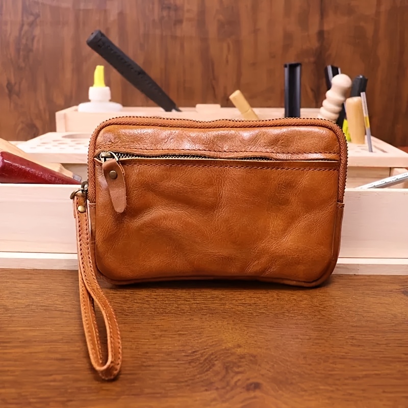 Image of New Style Chrome Cowhide Zipper Clutch Bag, Vintage Ladies Cowhide Coin Purse, Large Capacity Card Holder, Genuine Leather Storage Bag, Key Case