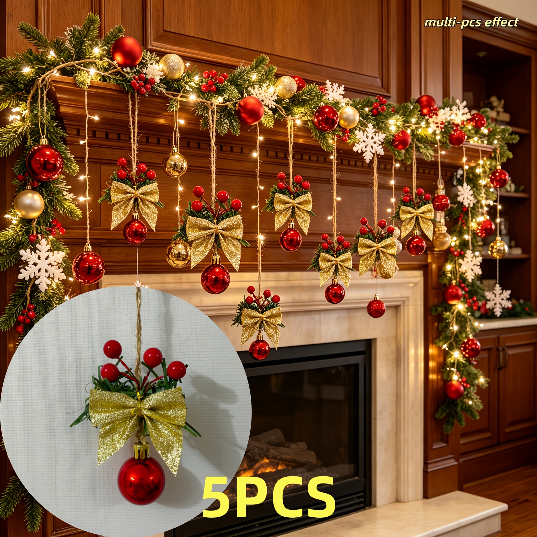 TEMU 5pcs Classic Christmas Set (each Piece Includes A Smooth Red Ball, Golden Sequined Bow, And Artificial Pine Needles And Fruits) Versatile For