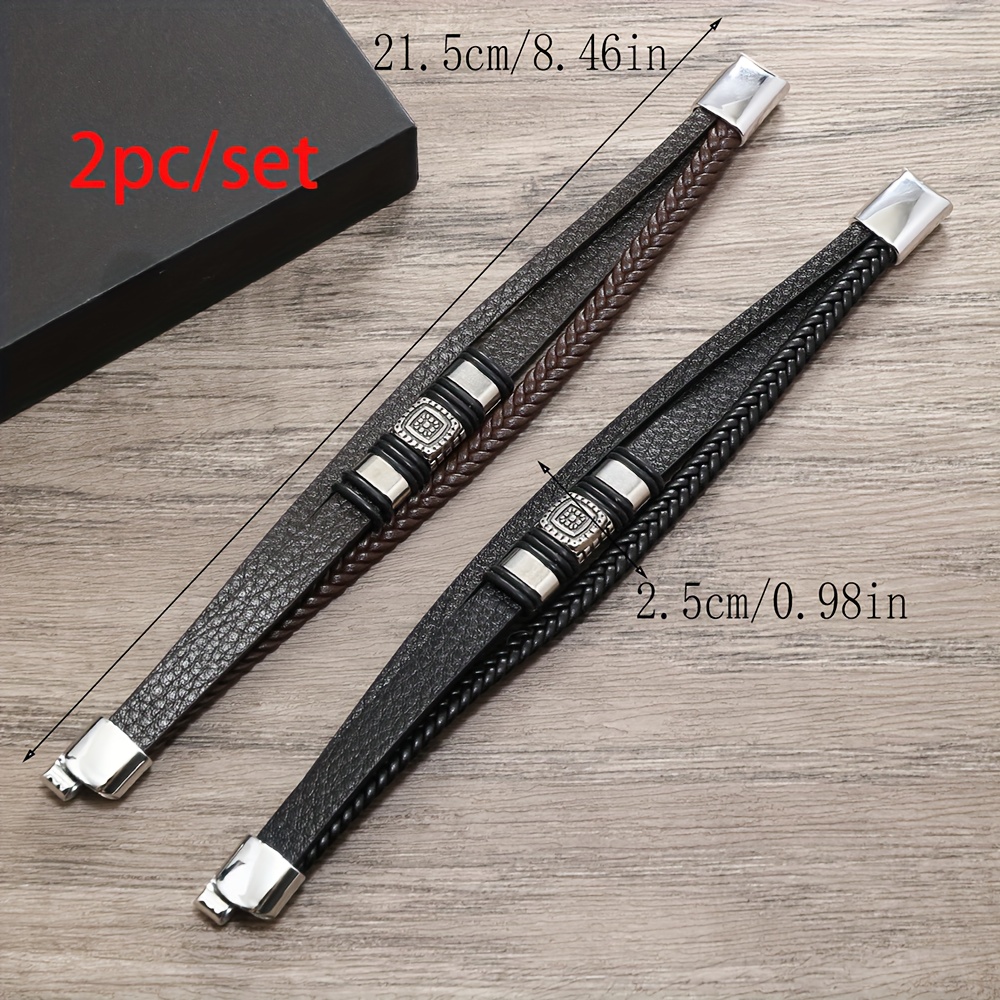 Image of 2pcs Black And Brown European/ Geometric Block Floral Pattern Pu Magnetic Clasp Bangle Bangle Bracelet, Halloween Christmas Gift