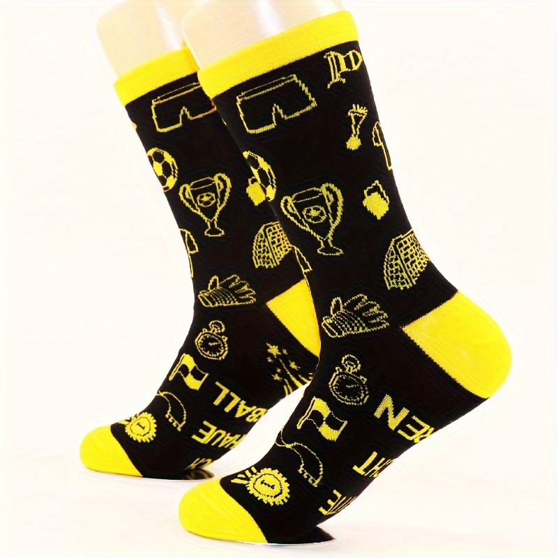Image of A Pair Of Men's Over-the-calf Yellow Socks With Jacquard Pattern All Over, "do Not Disturb, I'm Watching Football", Soft And Breathable Short Socks, Suitable For Men And Women, Men's Gift Socks